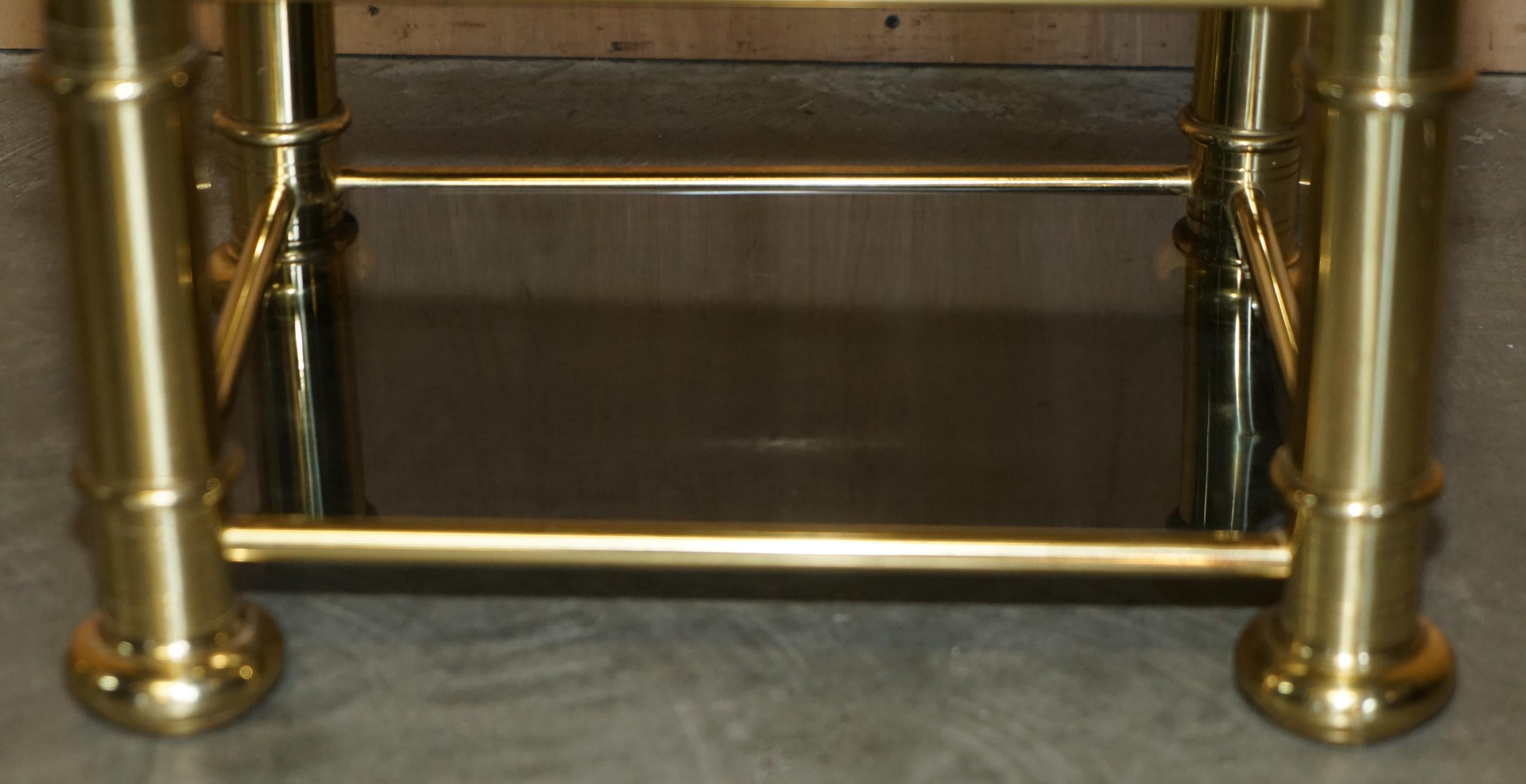 Glass ViNTAGE PAIR OF MID CENTURY MODERN BRASS & SMOKED GLASS ETAGERE SIDE END TABLES For Sale