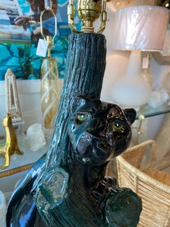 Vintage Pair of Mid-Century Modern Plaster Black Panther Cat Table Lamps