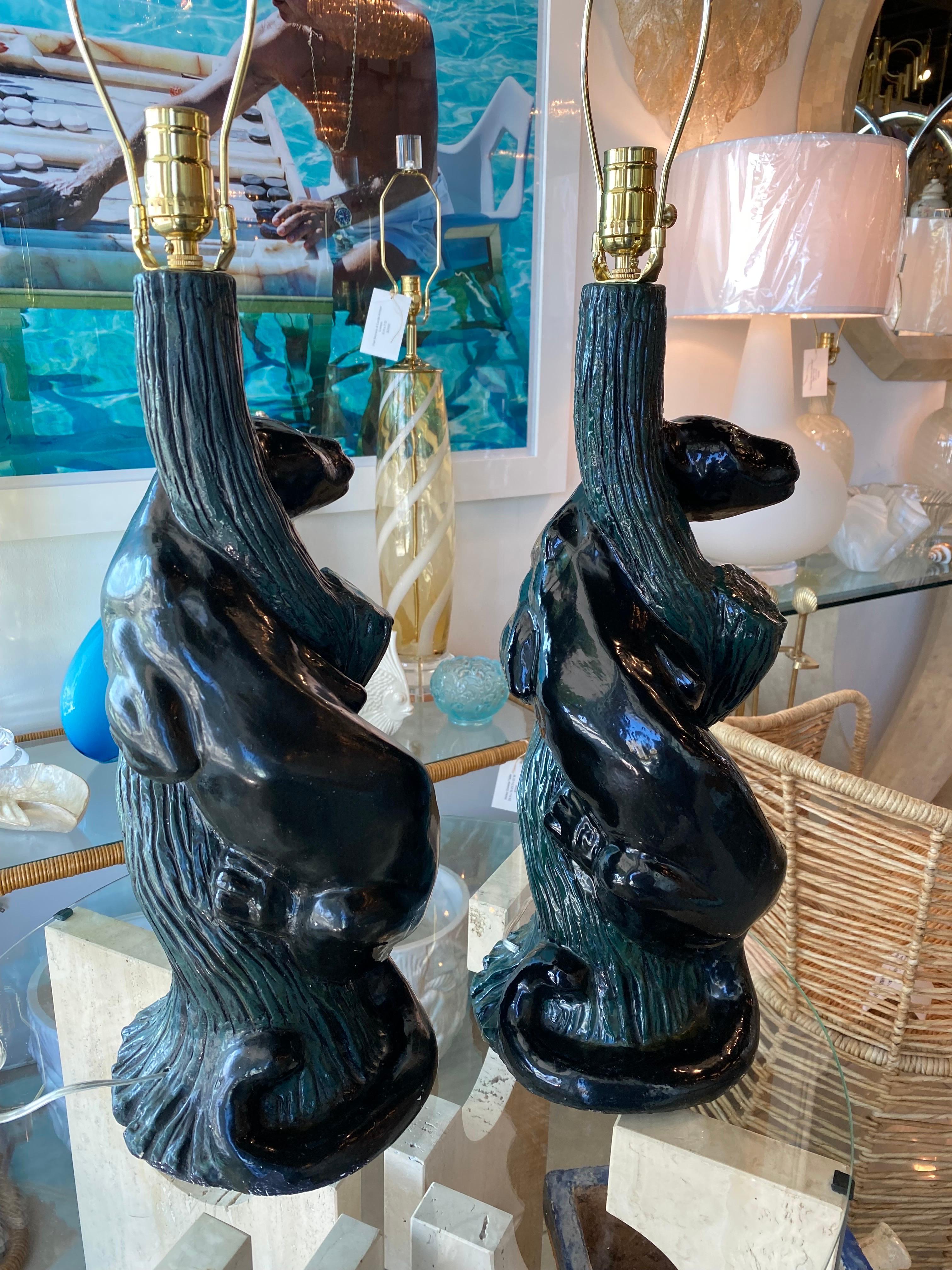 Vintage Pair of Mid-Century Modern Plaster Black Panther Cat Table Lamps In Good Condition For Sale In West Palm Beach, FL