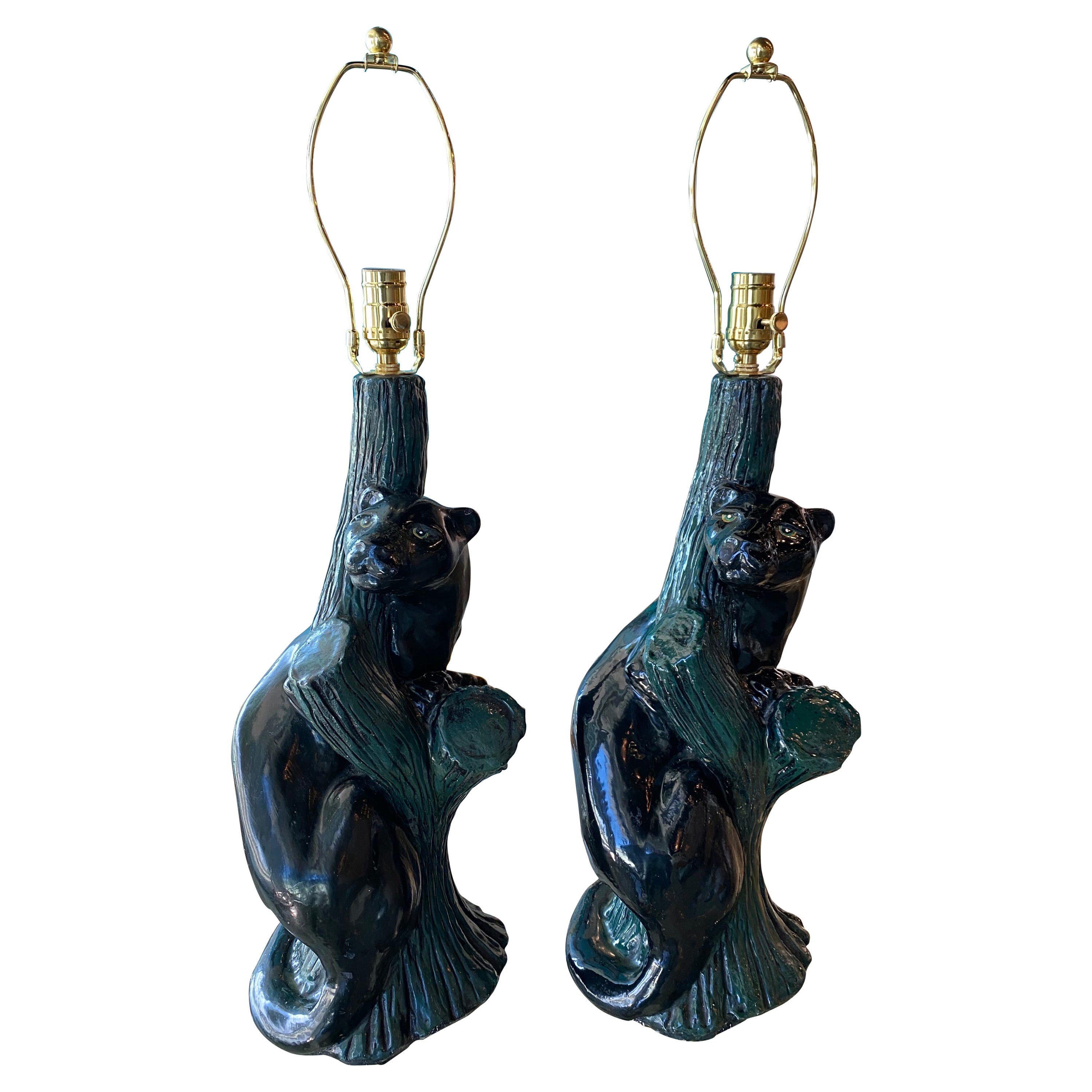 Paar moderne Mid-Century Modern-Tischlampen aus Gips mit schwarzem Pantherkatzen, Vintage