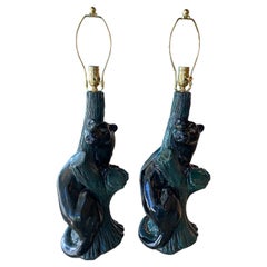 Vintage Pair of Mid-Century Modern Plaster Black Panther Cat Table Lamps