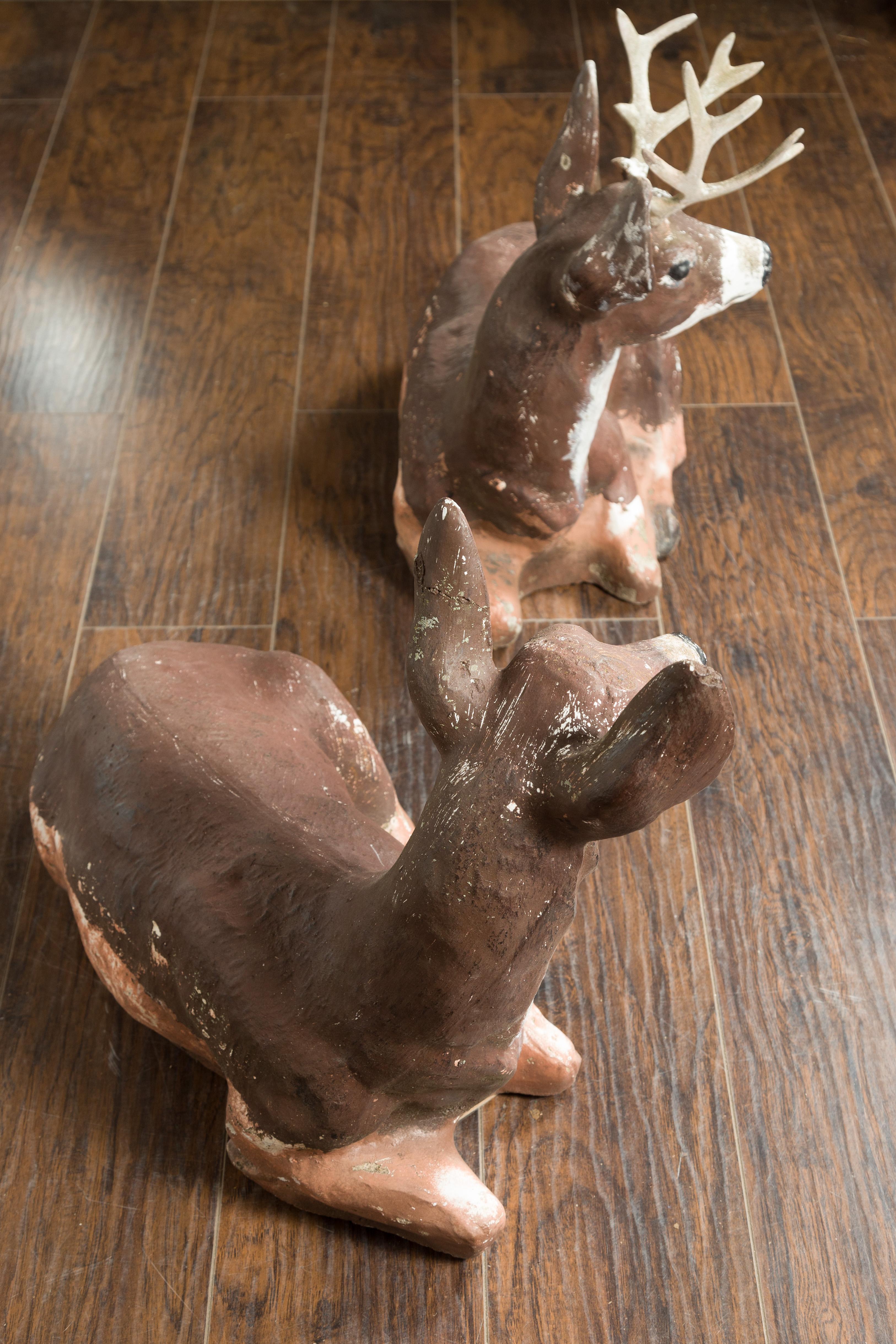 Painted Vintage Pair of Midcentury American Deer Sculptures with Weathered Patina For Sale