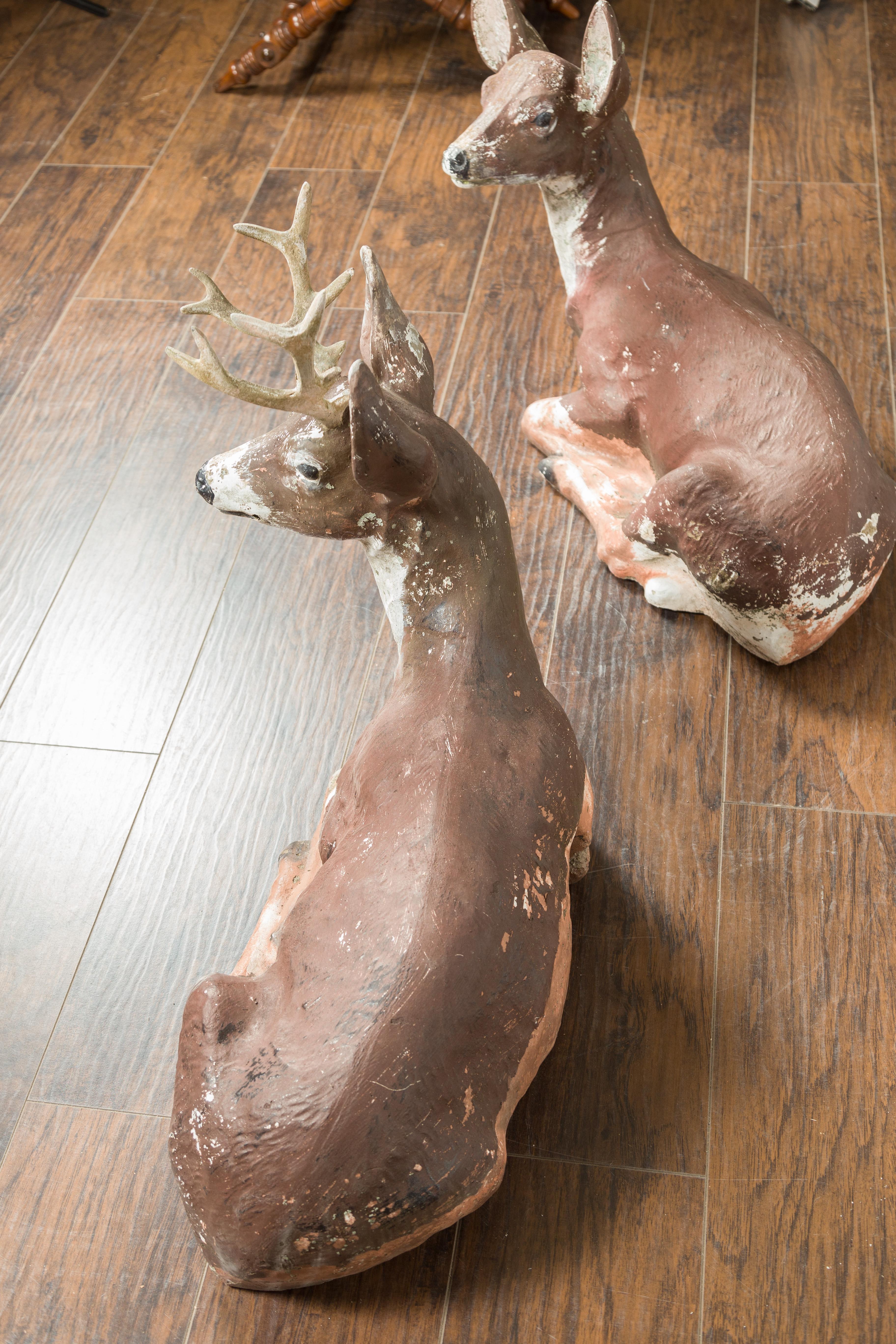 Concrete Vintage Pair of Midcentury American Deer Sculptures with Weathered Patina For Sale