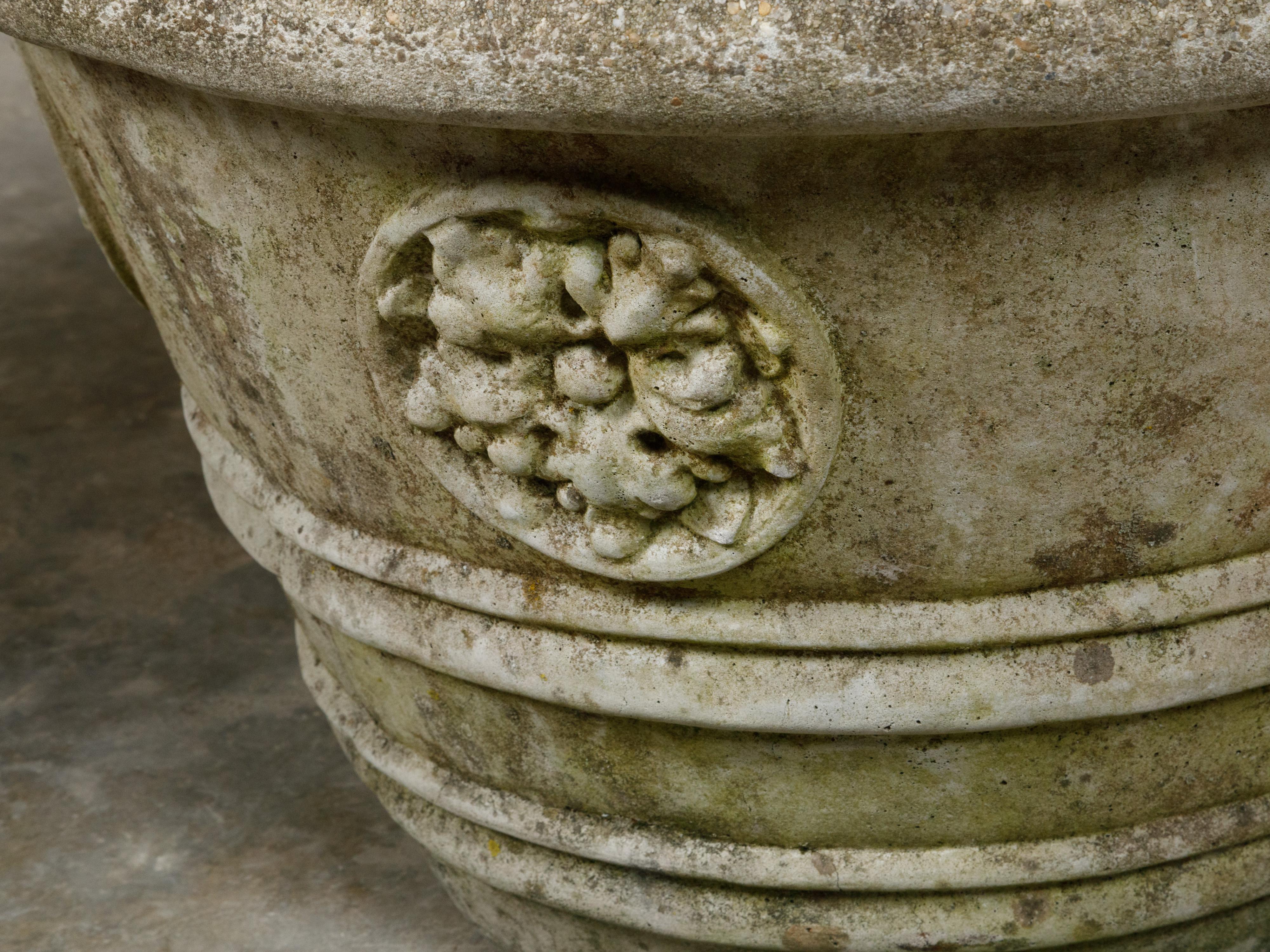 Vintage Pair of Mid-Century Cast Stone Planters with Rosette Motifs In Good Condition For Sale In Atlanta, GA