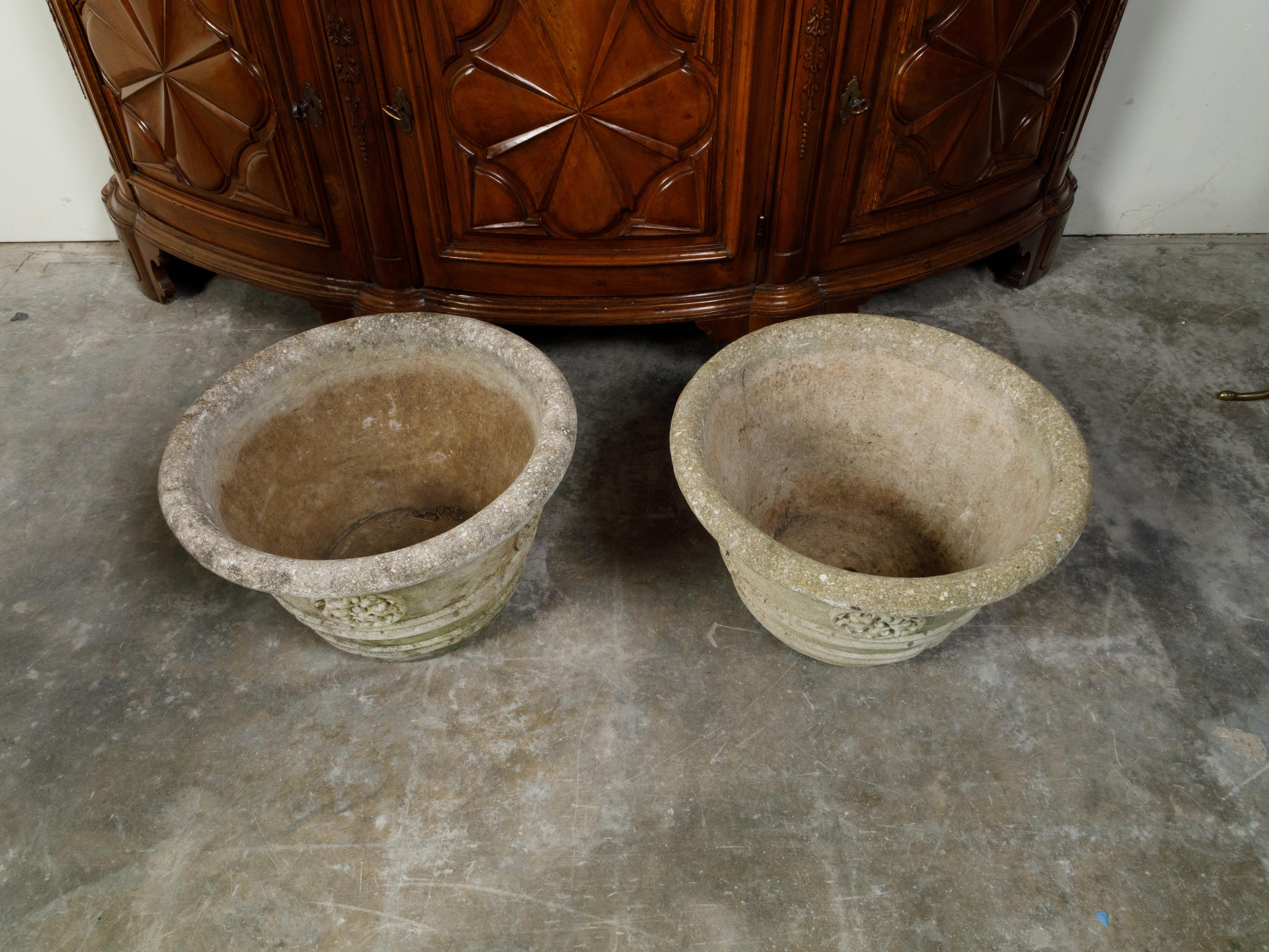 Vintage Pair of Mid-Century Cast Stone Planters with Rosette Motifs For Sale 1