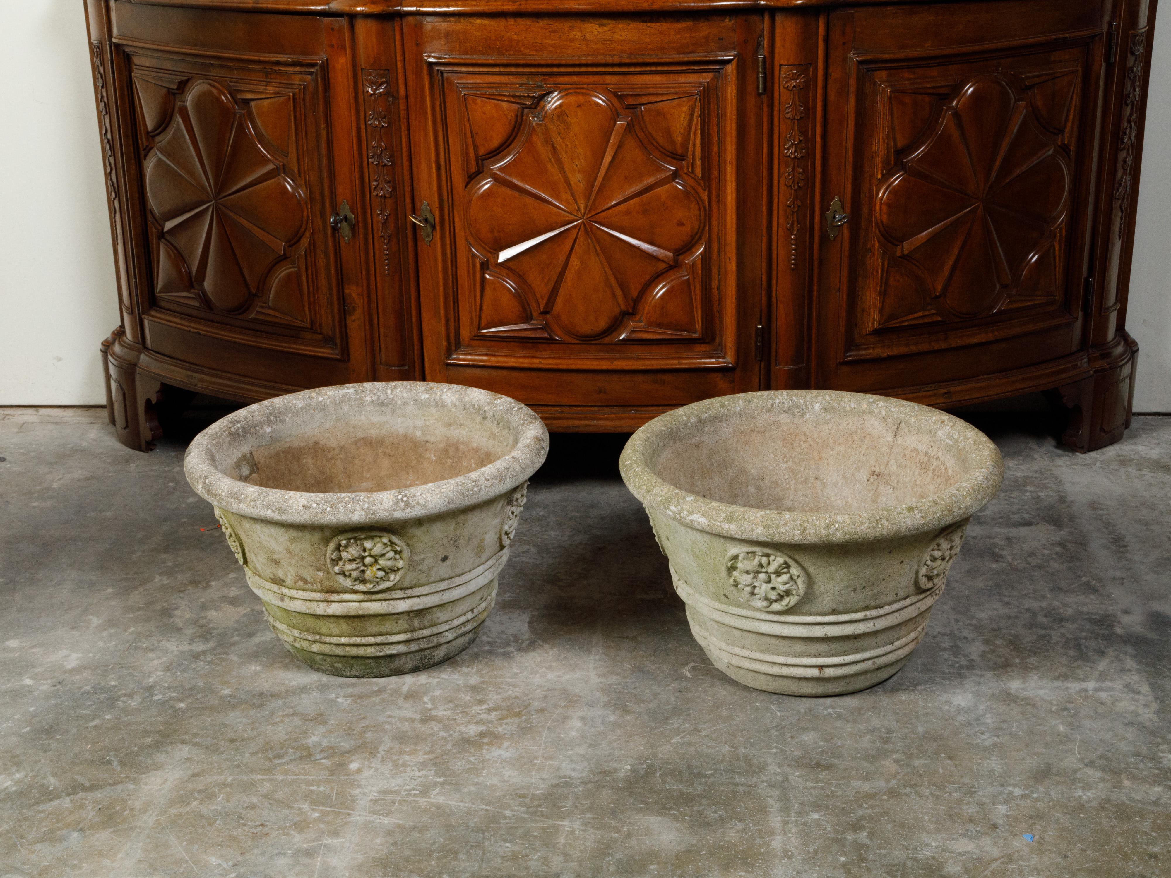 Vintage Pair of Mid-Century Cast Stone Planters with Rosette Motifs For Sale 2
