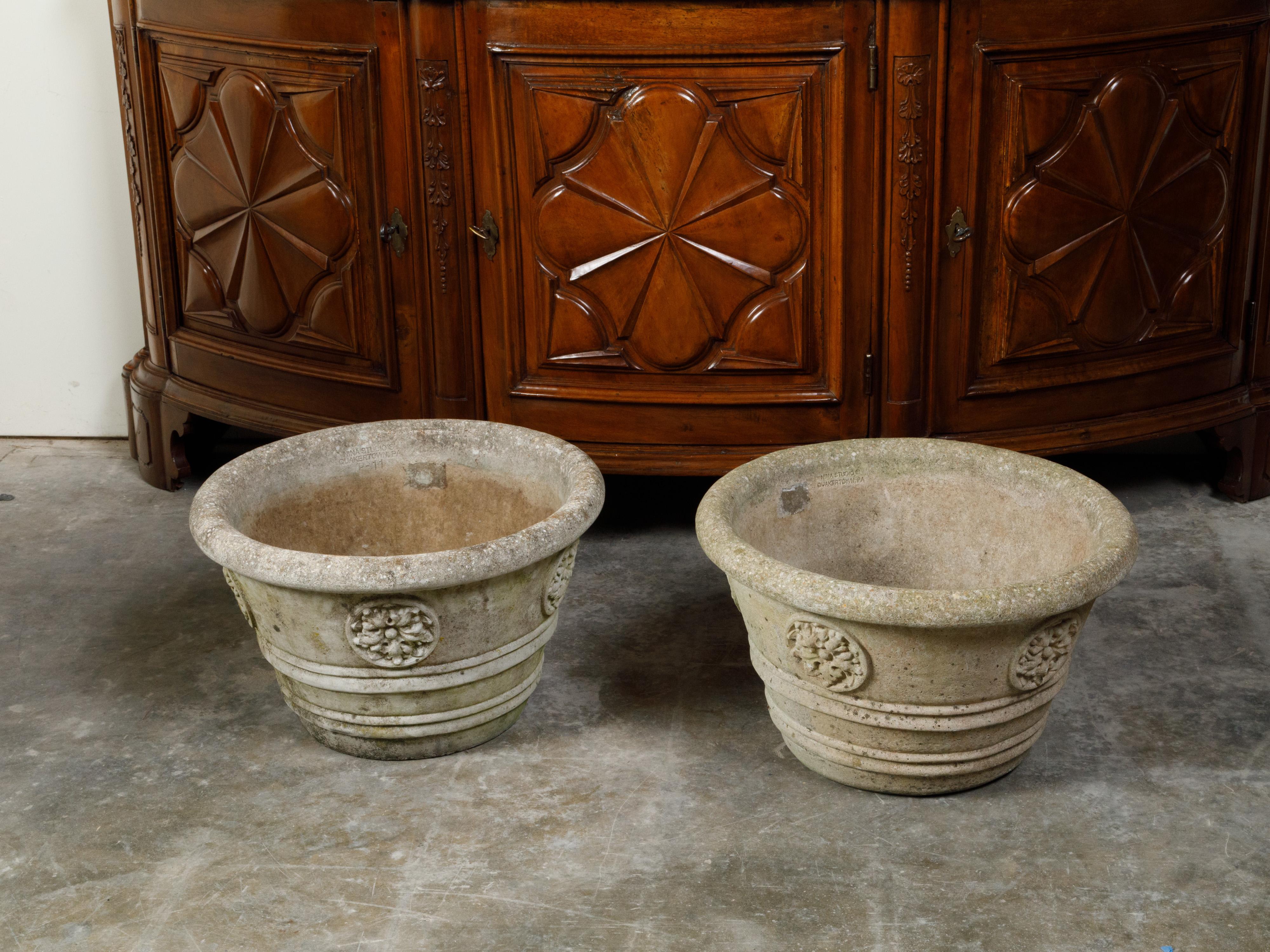 Vintage Pair of Mid-Century Cast Stone Planters with Rosette Motifs For Sale 3