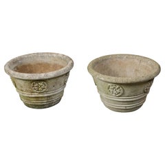 Used Pair of Mid-Century Cast Stone Planters with Rosette Motifs