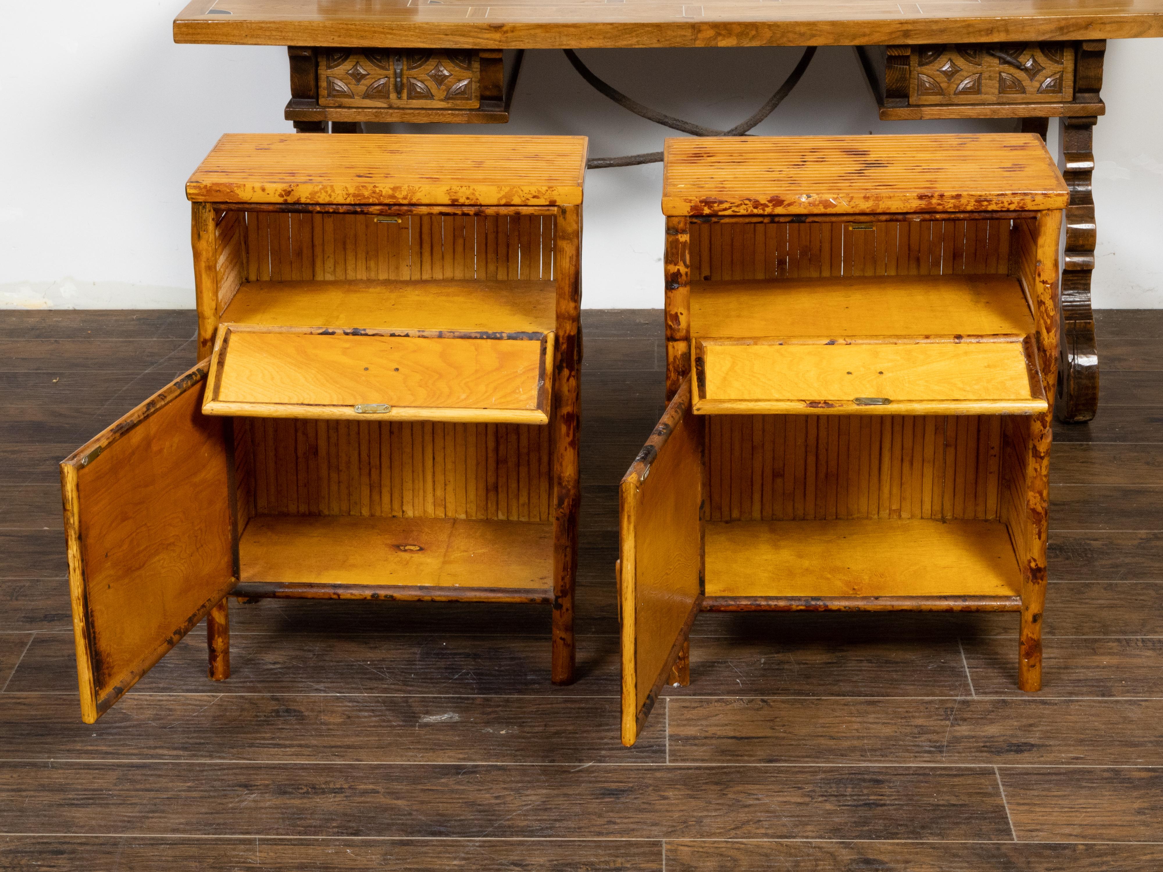 Mid-Century Modern Vintage Pair of Mid-Century English Bamboo Bedside Cabinets with Doors For Sale