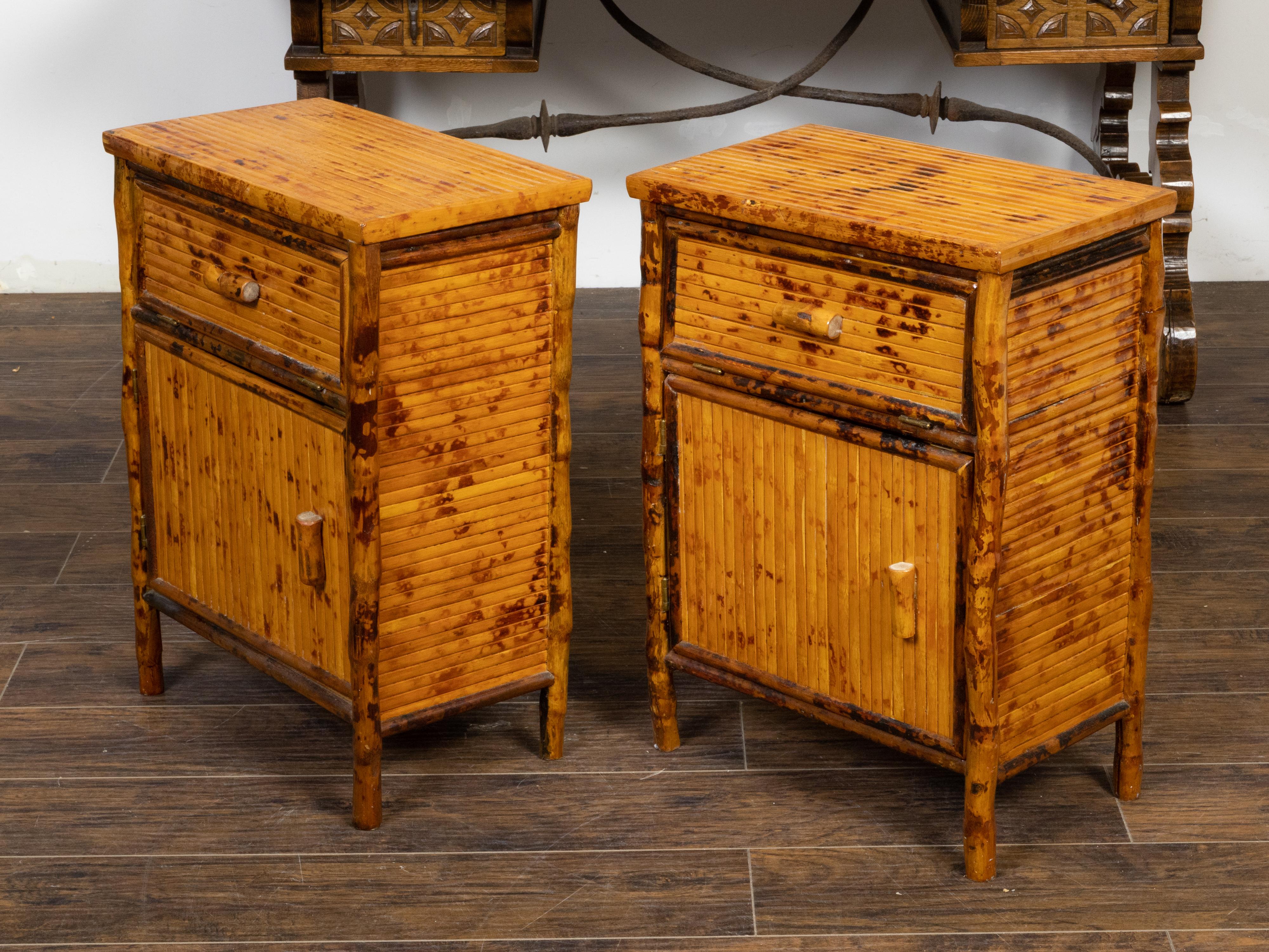 Vintage Pair of Mid-Century English Bamboo Bedside Cabinets with Doors In Good Condition For Sale In Atlanta, GA