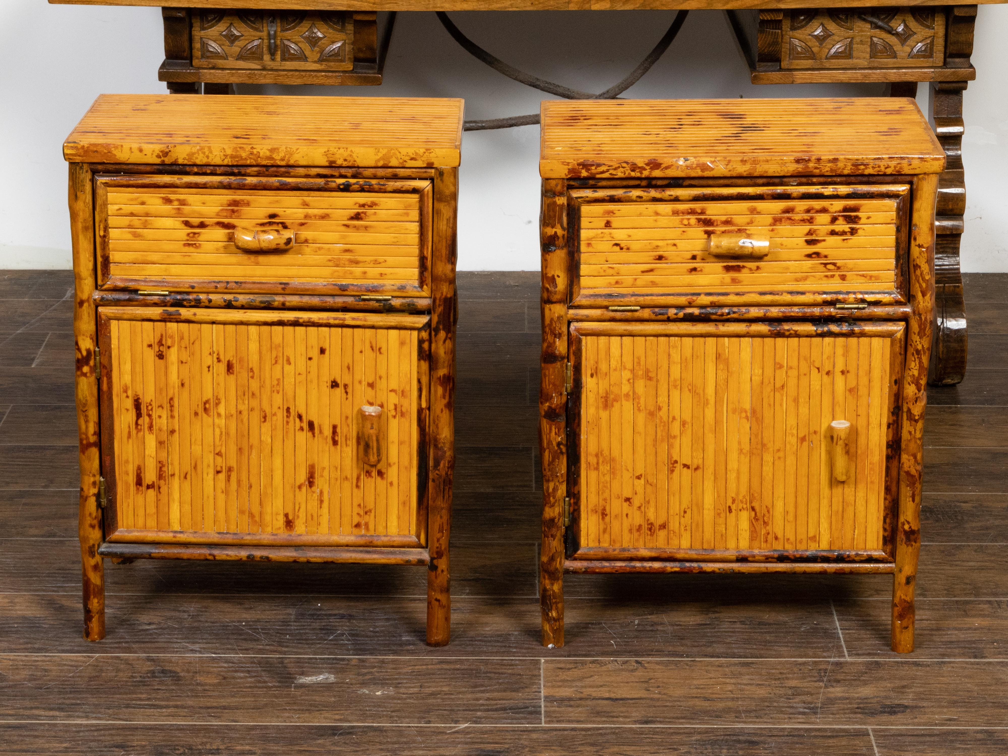 20th Century Vintage Pair of Mid-Century English Bamboo Bedside Cabinets with Doors For Sale