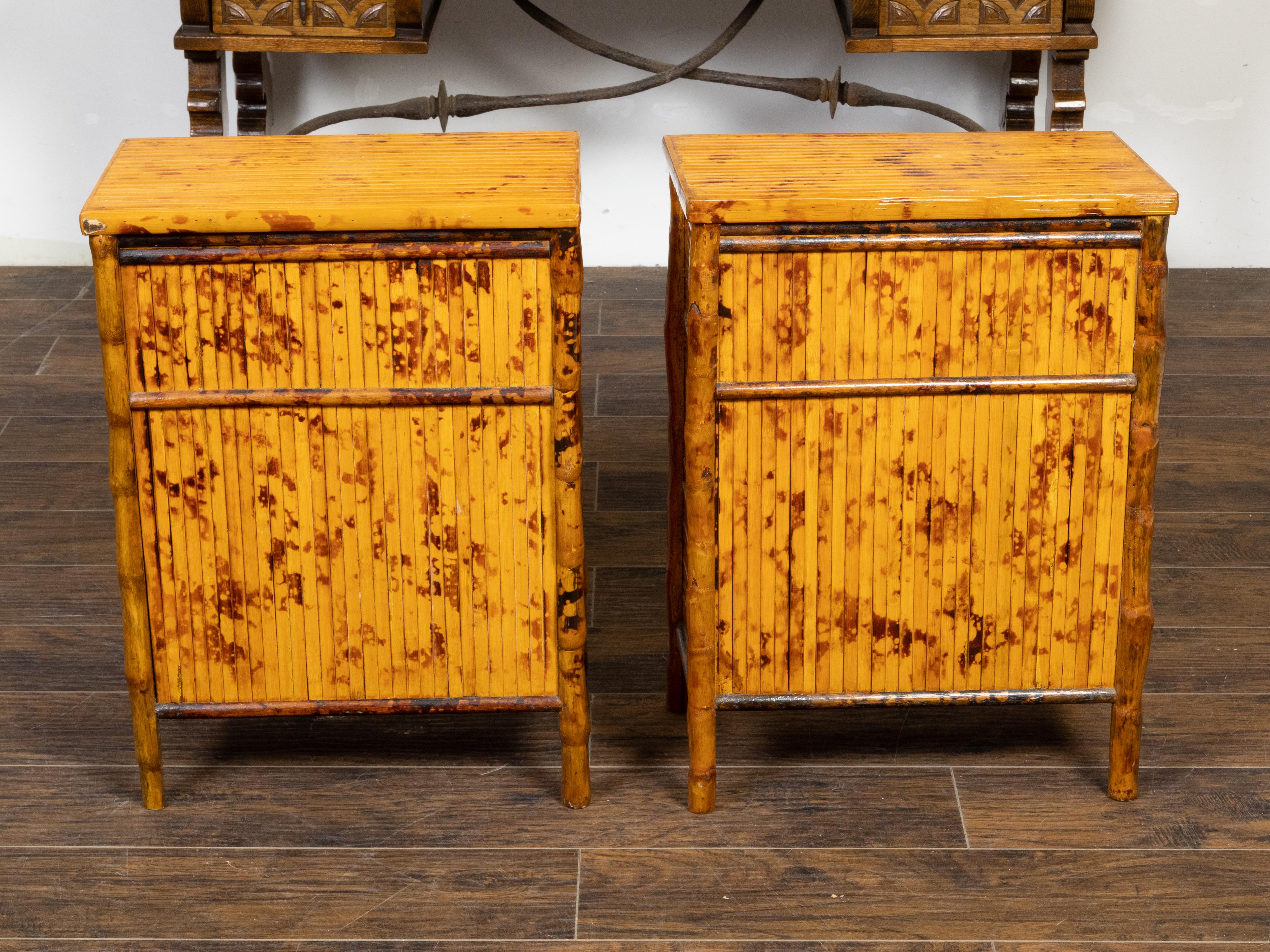 Vintage Pair of Mid-Century English Bamboo Bedside Cabinets with Doors For Sale 2