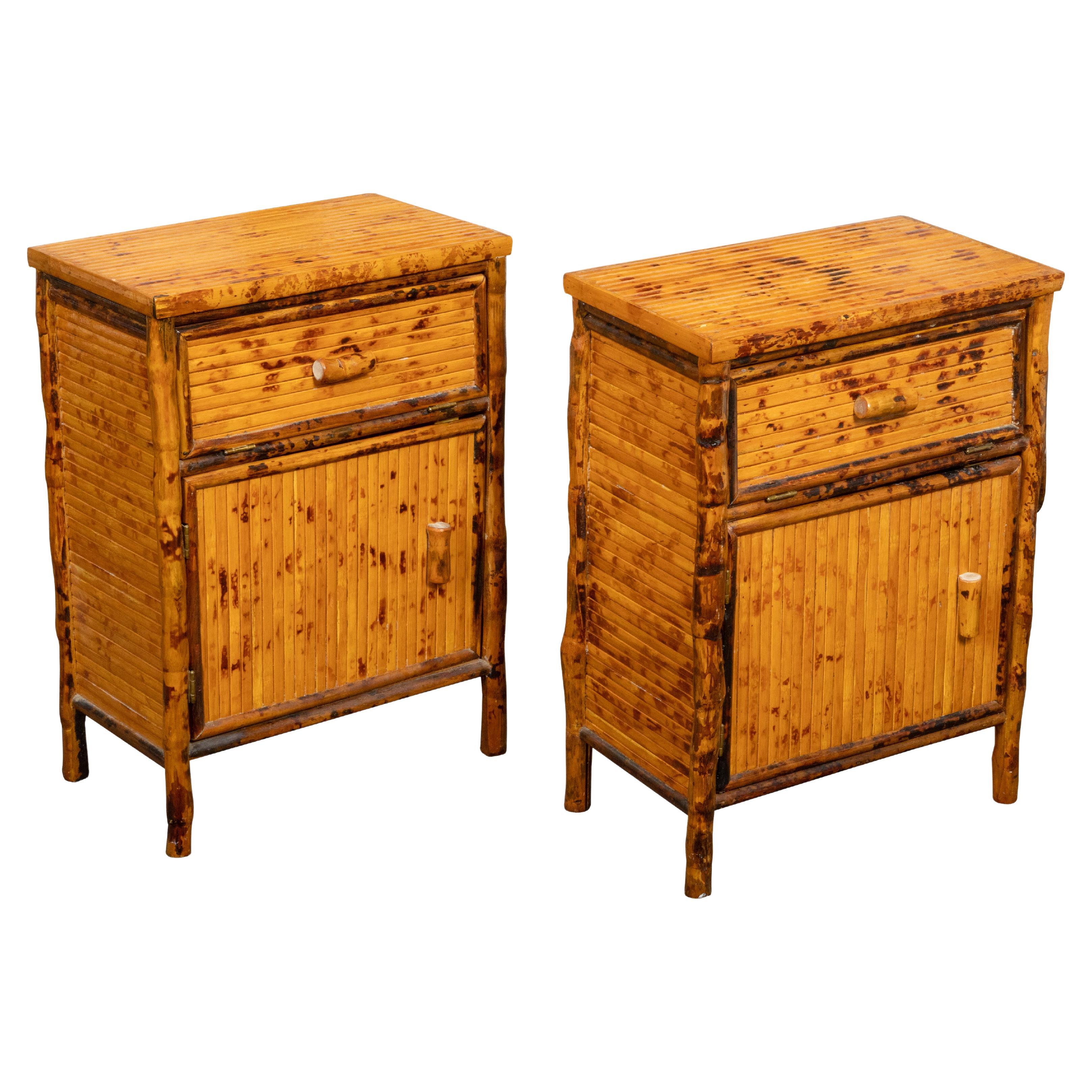 Vintage Pair of Mid-Century English Bamboo Bedside Cabinets with Doors For Sale