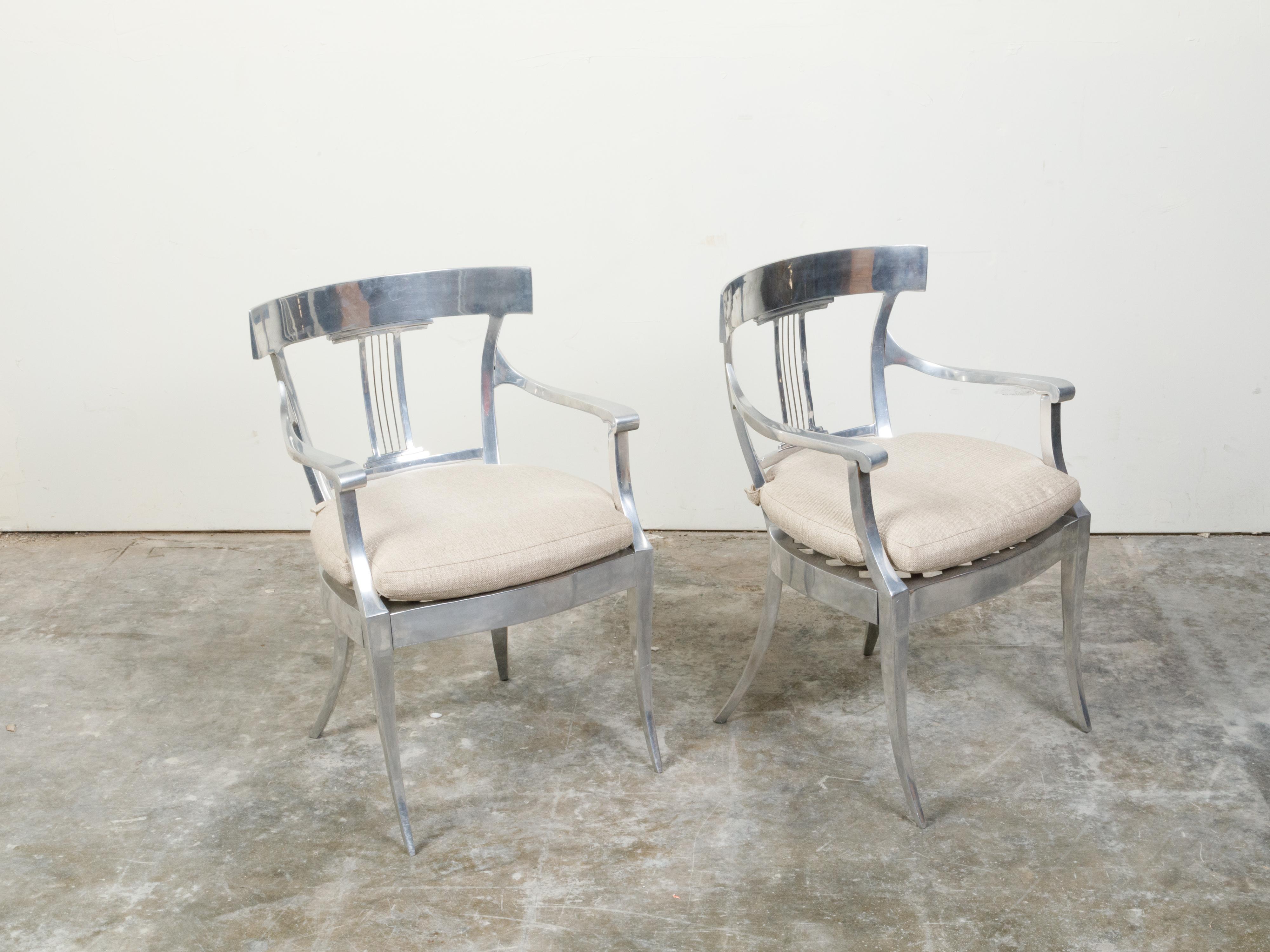 Mid-Century Modern Vintage Pair of Mid-Century Steel Armchairs with Custom Cushion and Saber Legs For Sale