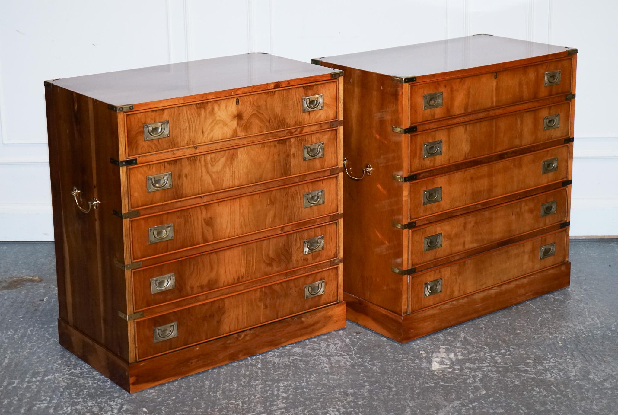 British VINTAGE PAIR OF MILITARY CAMPAIGN SECRETARY CHEST OF DRAWERS WiTH BRASS HANDLES