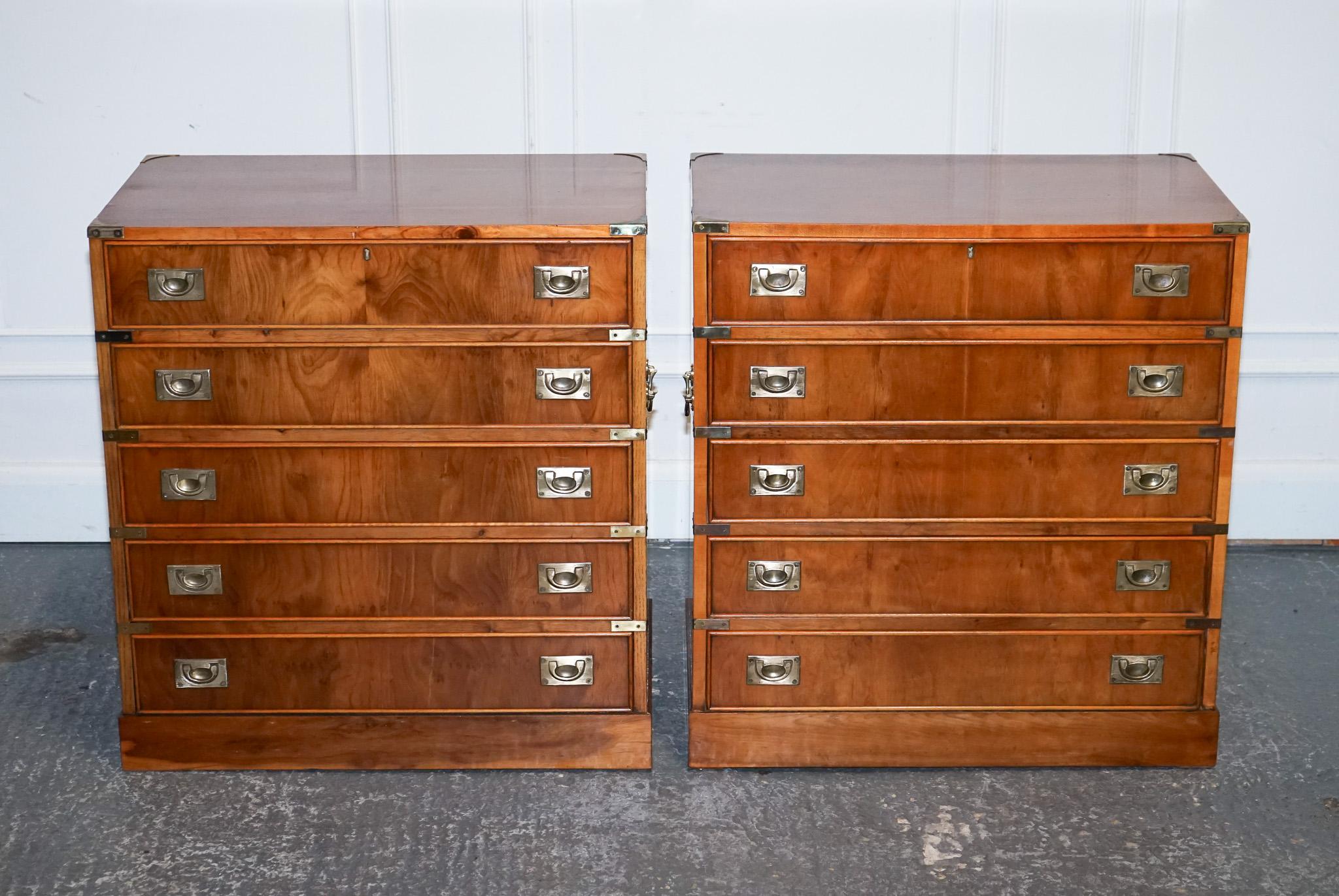 VINTAGE PAIR OF MILITARY CAMPAIGN SECRETARY CHEST OF DRAWERS WiTH BRASS HANDLES In Good Condition In Pulborough, GB