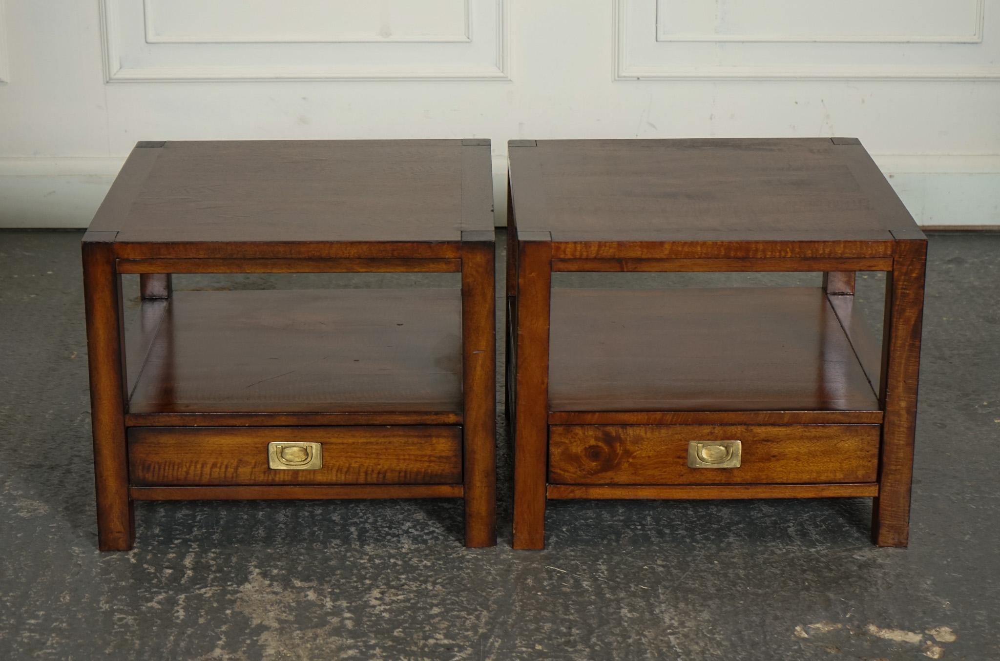 British VINTAGE PAIR OF MILITARY CAMPAIGN TWO TIER BEDSIDE SiDE END TABLES