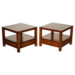 VINTAGE PAIR OF MILITARY CAMPAIGN TWO TIER BEDSIDE SiDE END TABLES