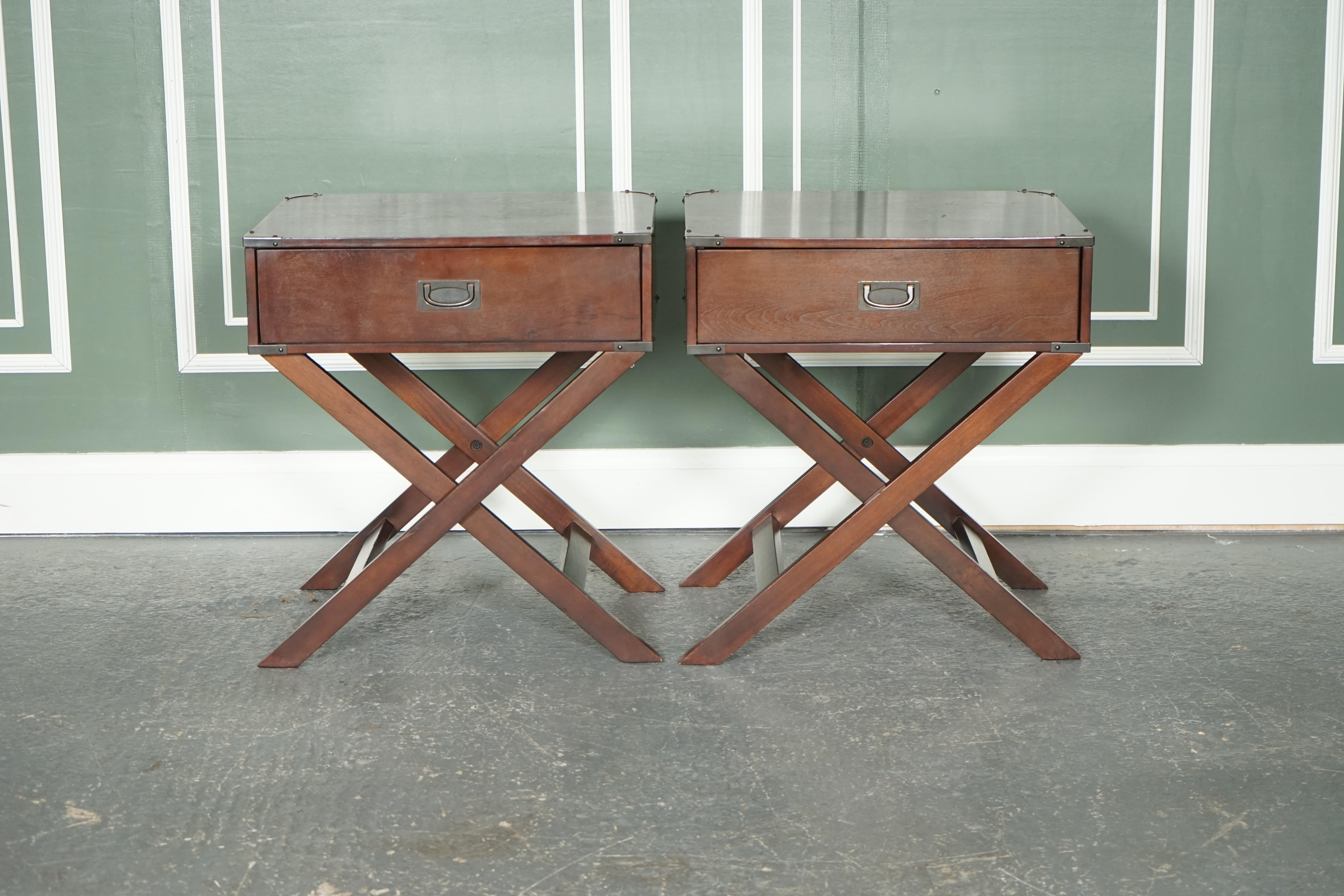 British Vintage Pair of Military Campaign x Framed Bed Side End Tables