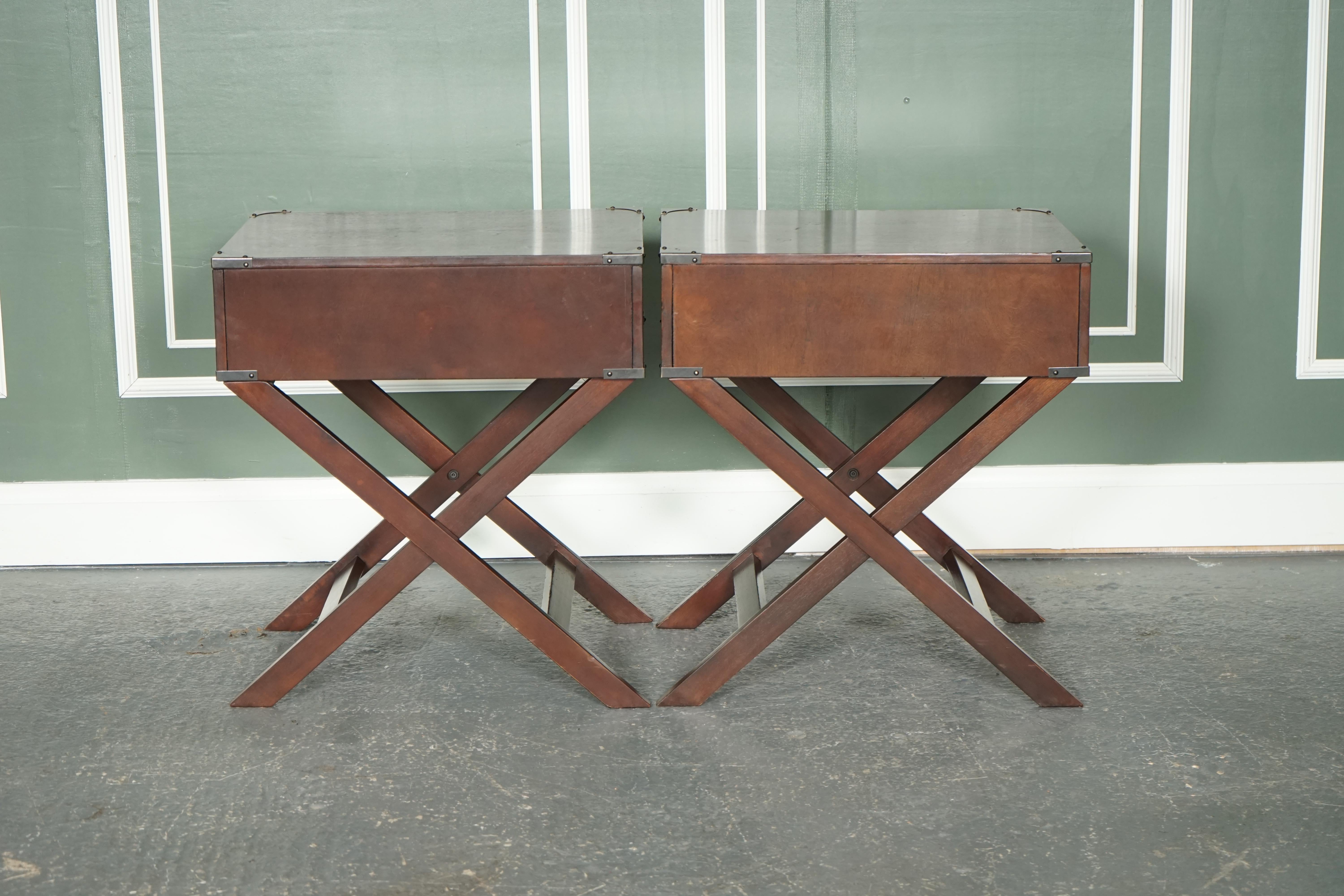 Hardwood Vintage Pair of Military Campaign x Framed Bed Side End Tables