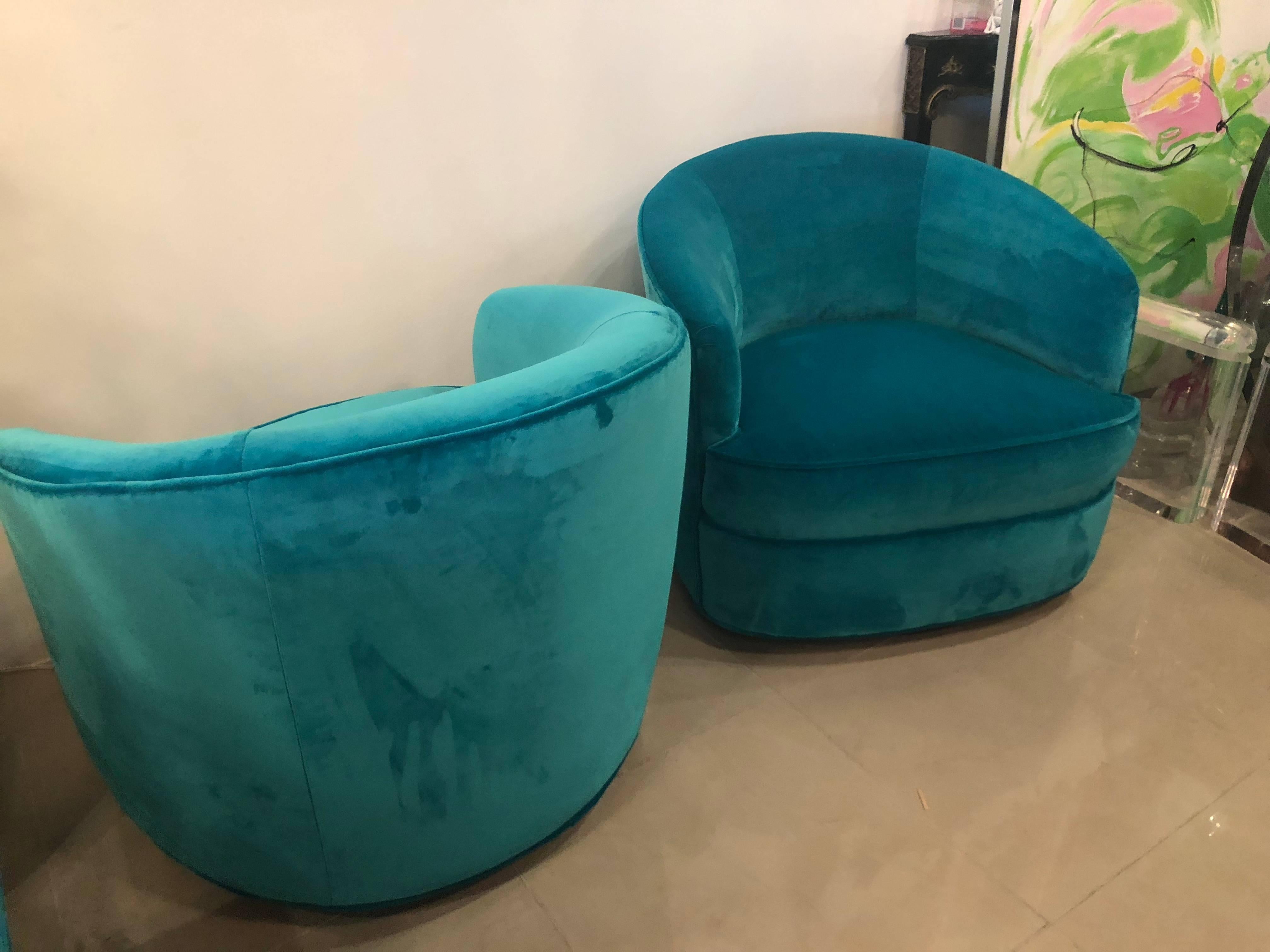 Vintage Pair of Milo Baughman Blue Velvet Swivel Chairs Walnut Wood Base 3