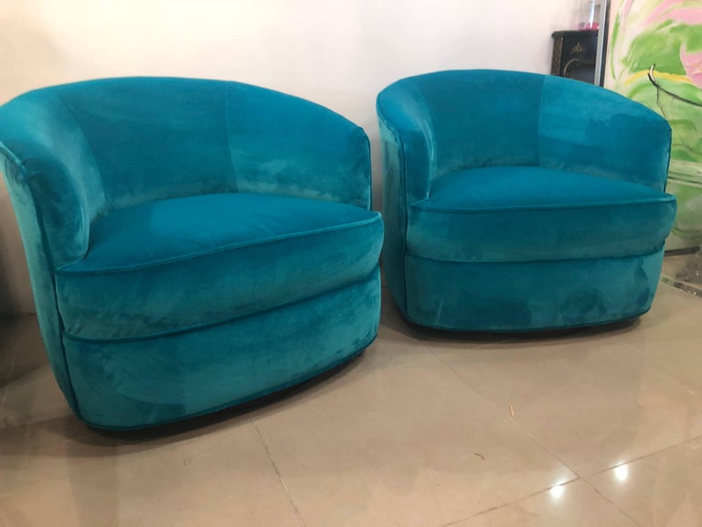 Vintage Pair Of Milo Baughman Blue Velvet Swivel Chairs Walnut