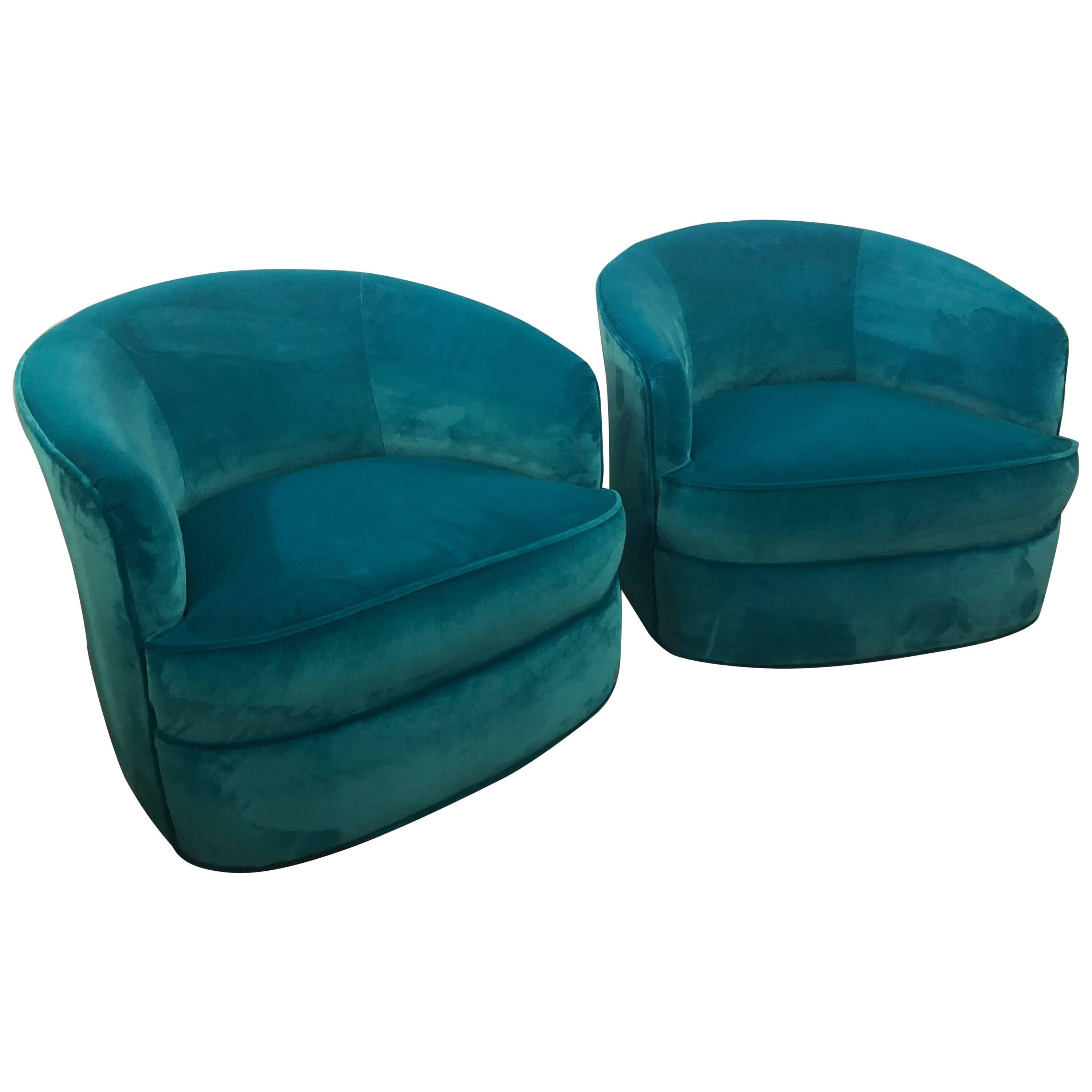Vintage Pair of Milo Baughman Blue Velvet Swivel Chairs Walnut Wood Base