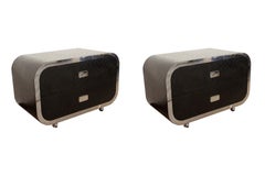 Vintage Pair of Modernist Curved Black & Silver Nightstands on Casters