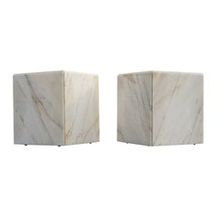 Vintage Pair of Monumental Marble Cube Tables in Calacatta Gold with Casters