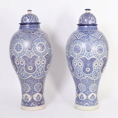 Vintage Pair of Moroccan Blue and White Earthenware Palace Urns