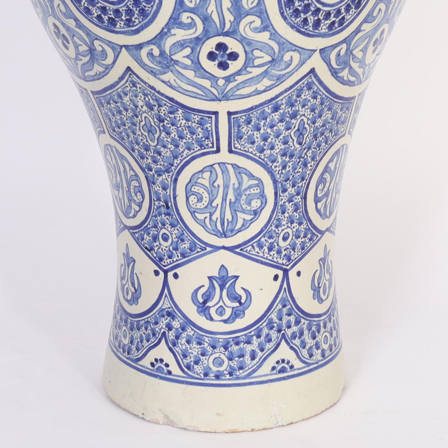 Vintage Pair of Moroccan Blue and White Earthenware Palace Urns For Sale 2