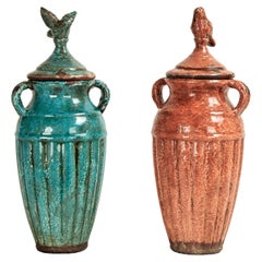 Vintage Pair of Moroccan Glazed Terra Cotta Lidded Urns with Birds