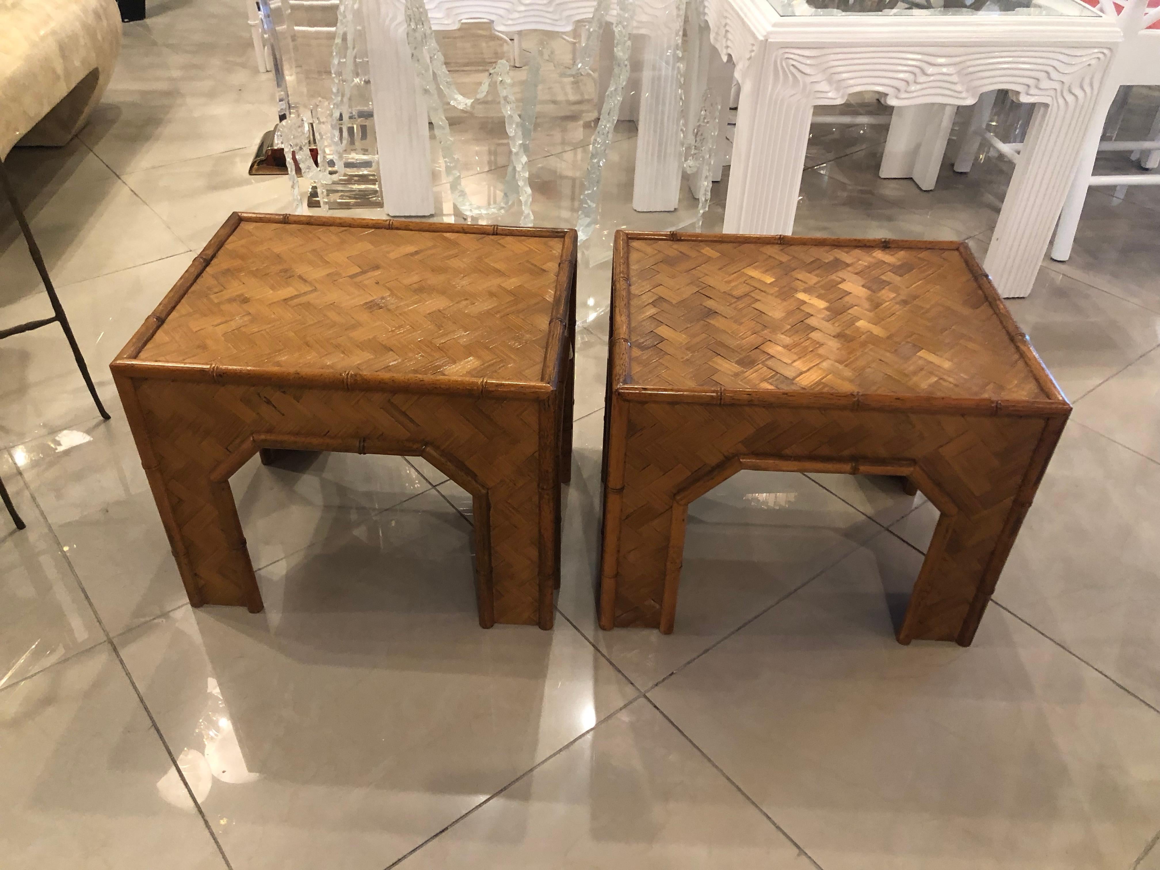 Vintage pair of woven rattan and bamboo benches, stools, tables. Can be used in a variety of ways. Moroccan details with the arched cut-outs. Matching console table will be listed separately.