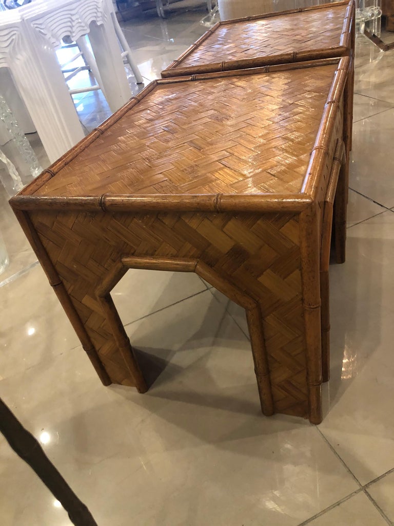 Vintage Pair Of Moroccan Woven Rattan Bamboo Benches Tables At 1stdibs