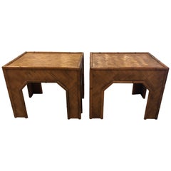 Vintage Pair of Moroccan Woven Rattan Bamboo Benches Tables