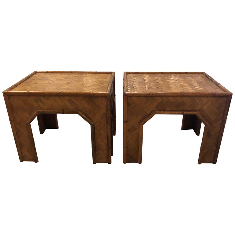 Vintage Pair Of Moroccan Woven Rattan Bamboo Benches Tables At 1stdibs