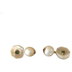 Vintage Pair of Mother of Pearl Emerald and Culture Pearl Cufflinks