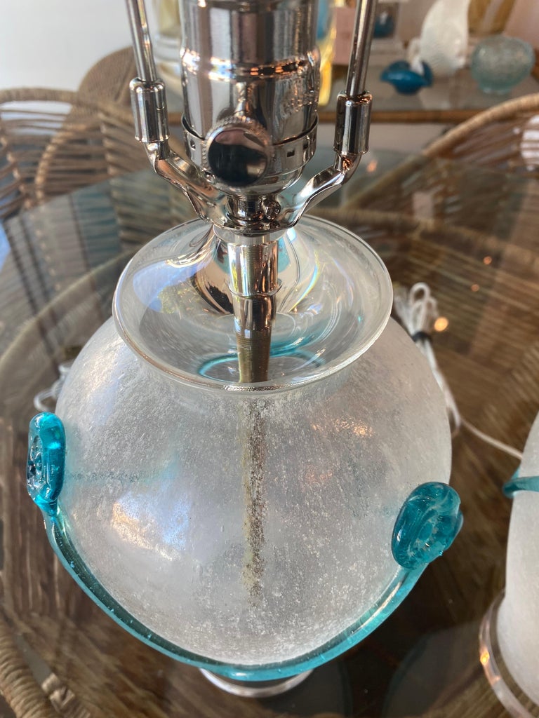 Vintage Pair of Murano Frosted Aqua Glass Lucite Table Lamps Newly Restored For Sale 4
