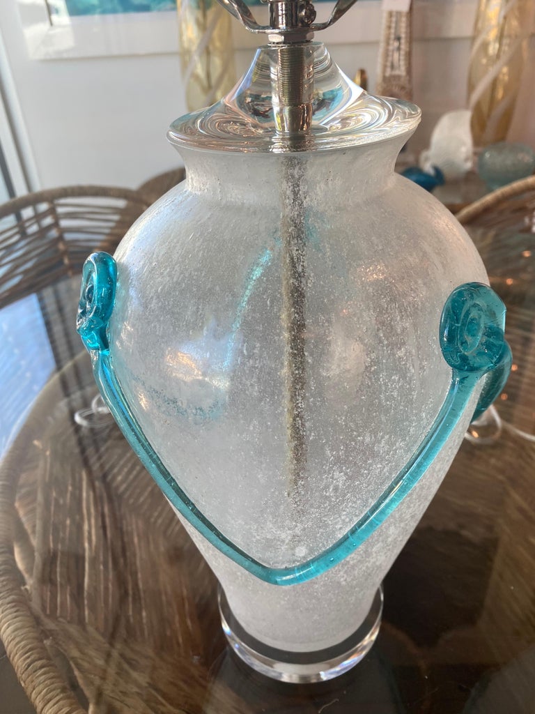 Vintage Pair of Murano Frosted Aqua Glass Lucite Table Lamps Newly Restored For Sale 1