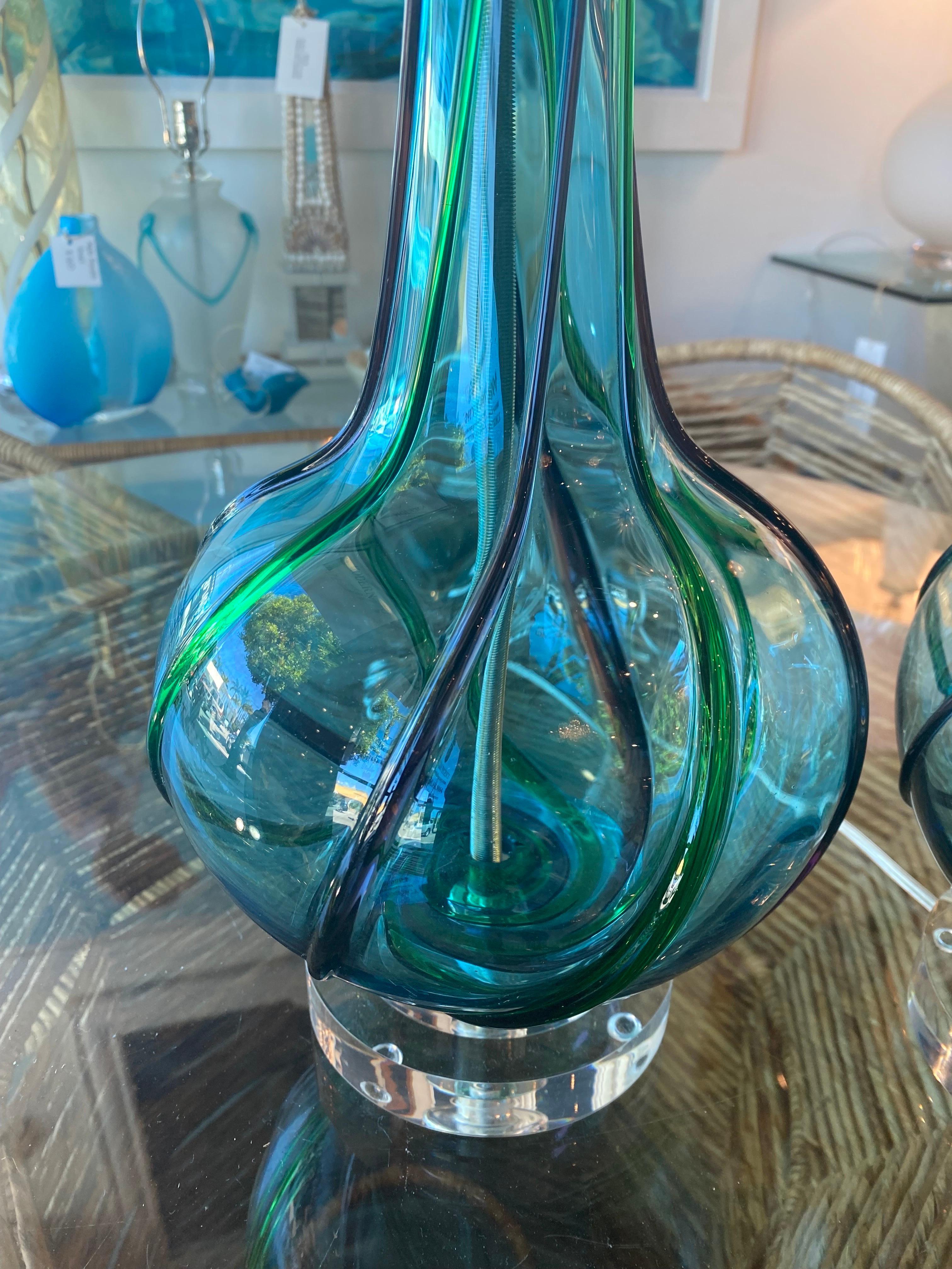 Italian Vintage Pair of Murano Glass Aqua Ribbon Murano Table Lamps Lucite Newly Wired For Sale