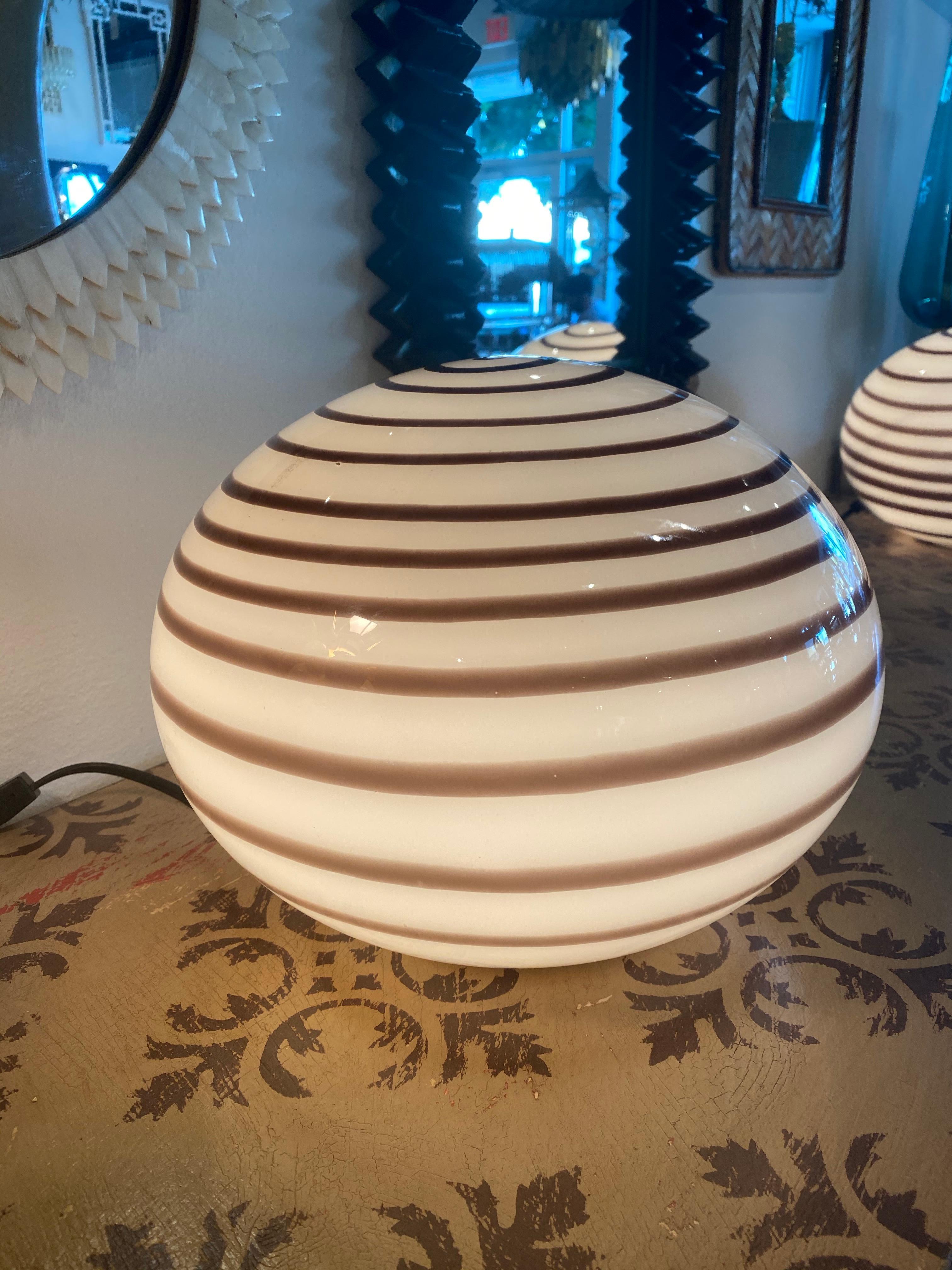 Vintage pair of Murano glass round ball brown swirl table lamps. No chips or breaks.