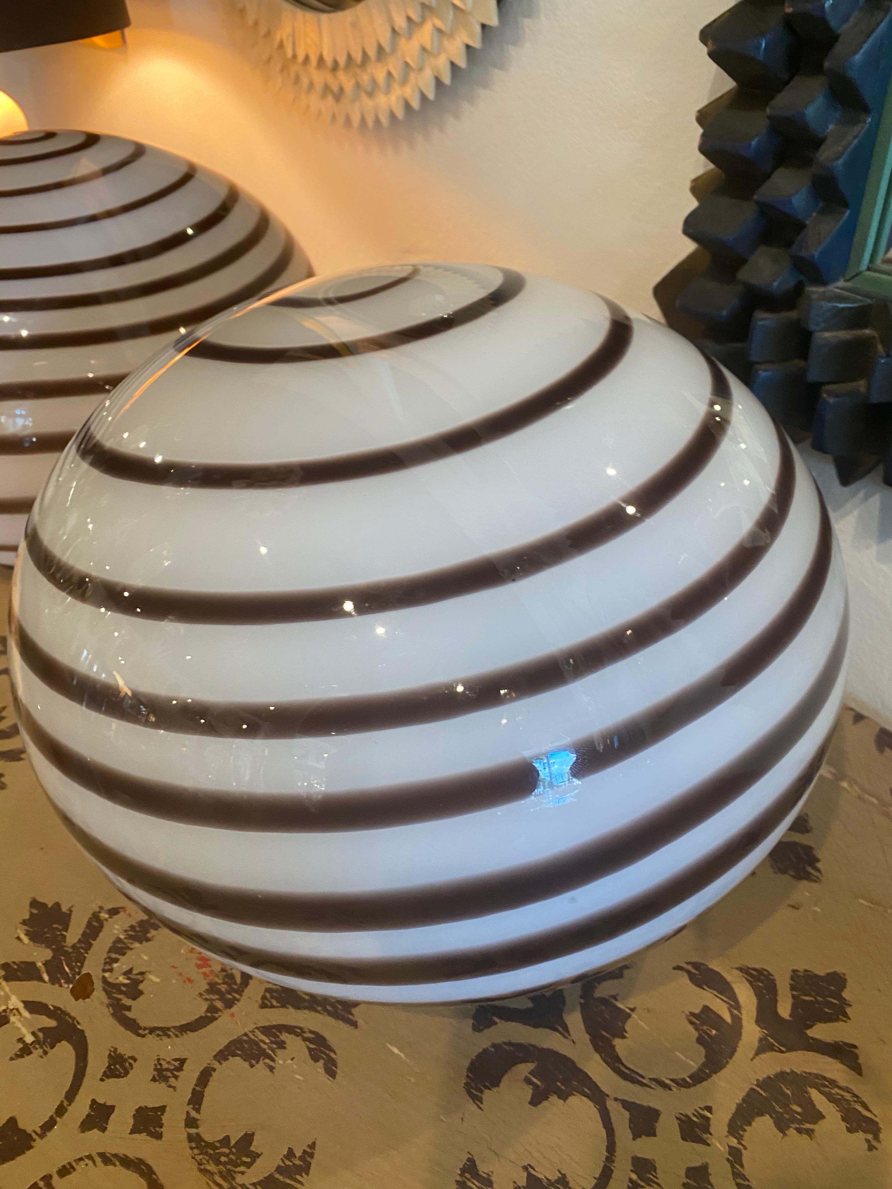 Late 20th Century Vintage Pair of Murano Glass Brown Swirl Ball Round Table Lamps