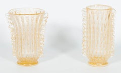 Vintage Pair of Murano Glass Bubble Vases with Sommerso Gold, 1960s Barovier
