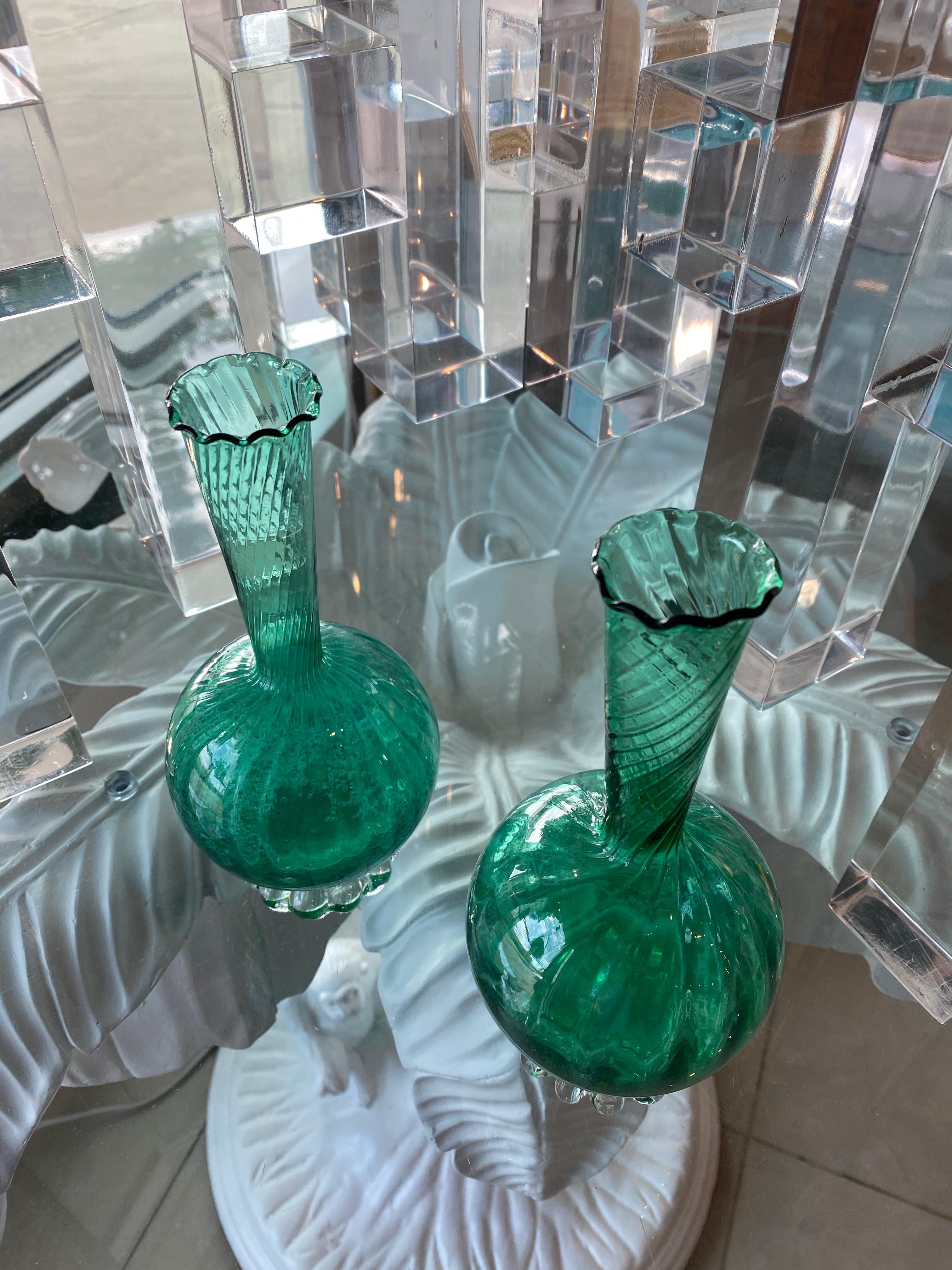 Vintage Pair of Murano Glass Emerald Green Bud Vases For Sale 1