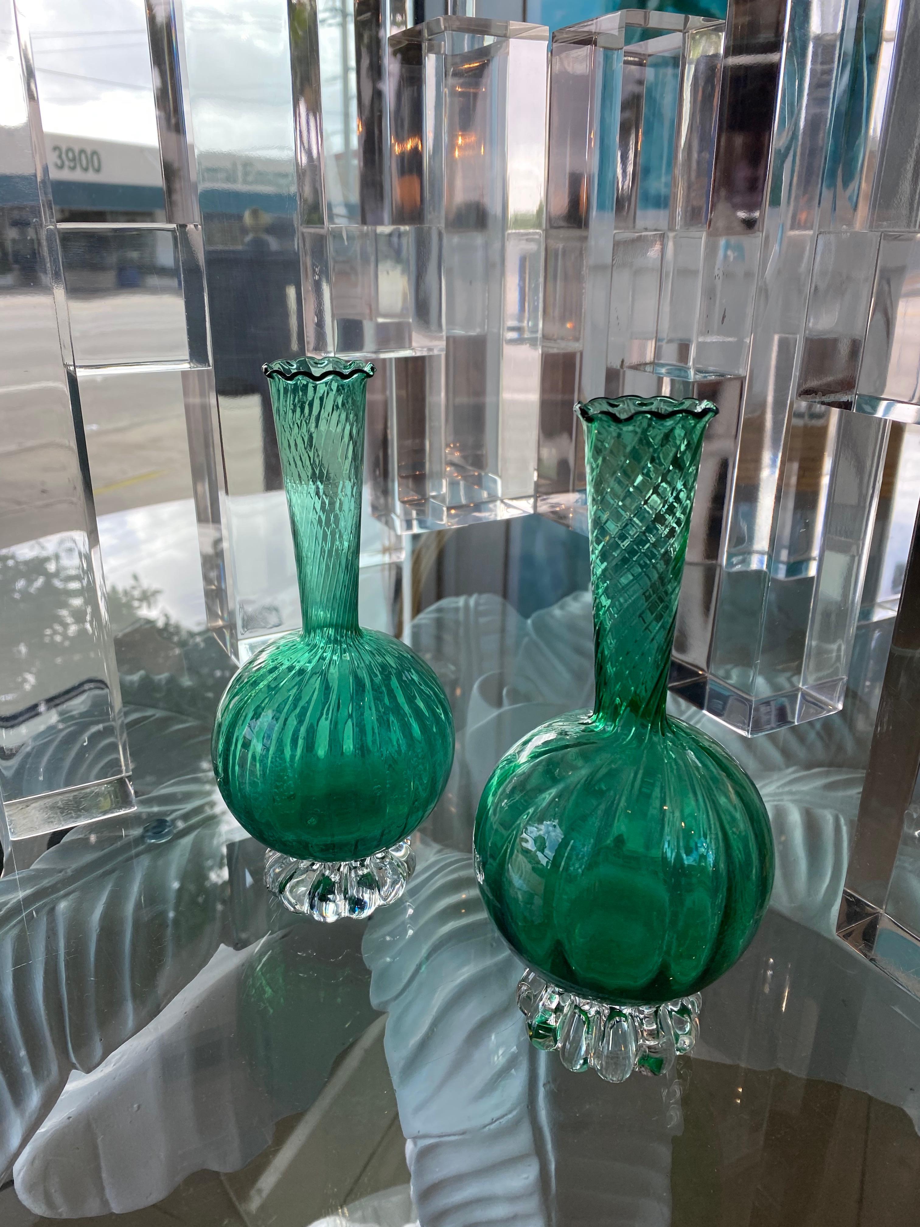 Mid-20th Century Vintage Pair of Murano Glass Emerald Green Bud Vases For Sale