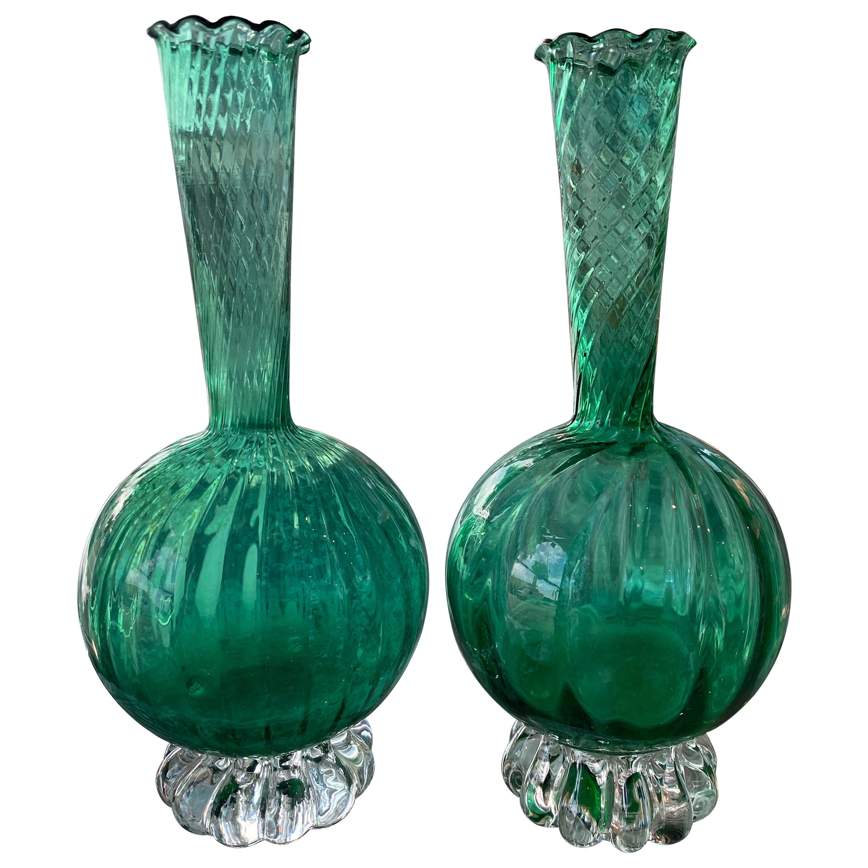 Vintage Pair of Murano Glass Emerald Green Bud Vases