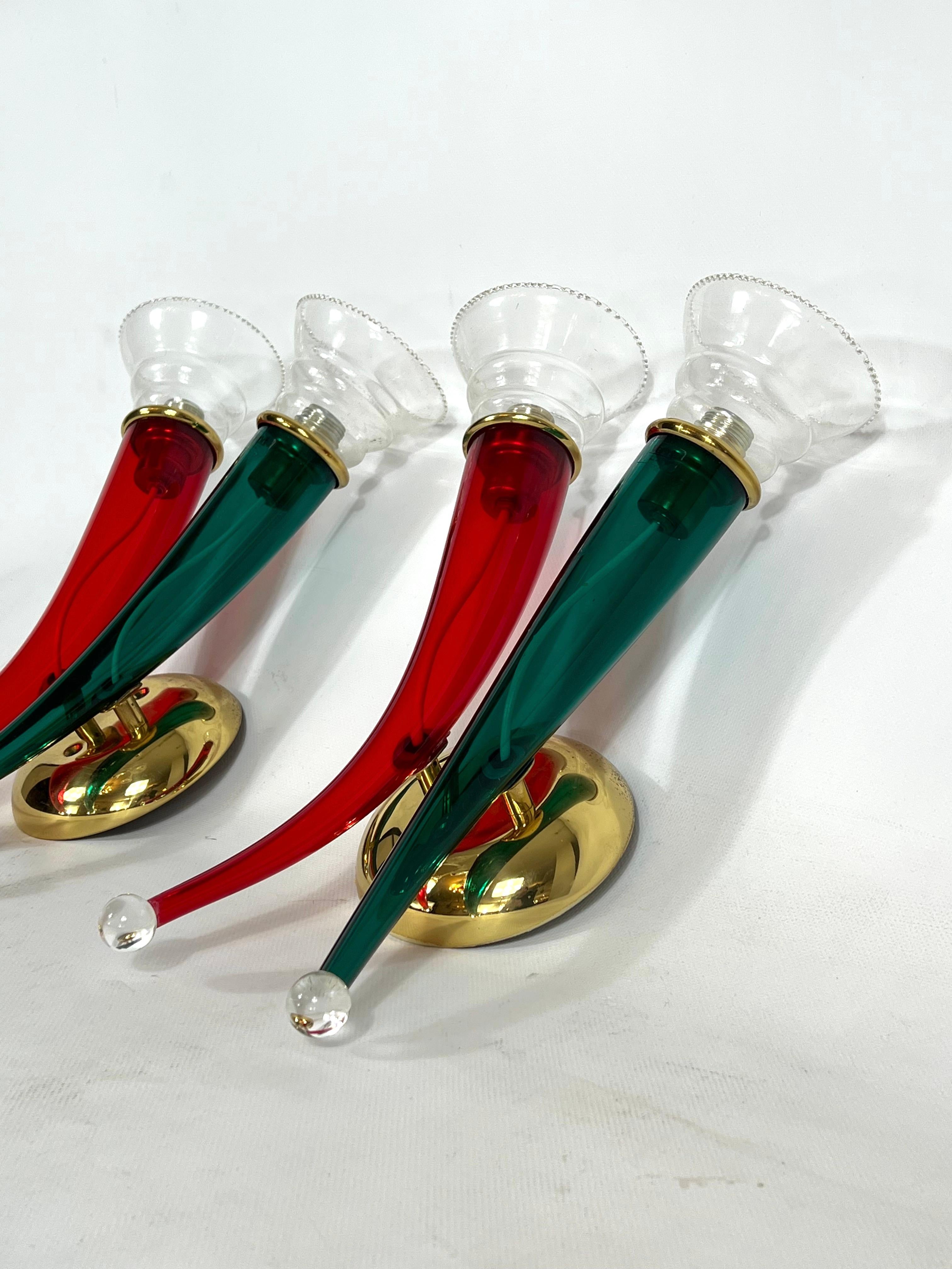 Brass Vintage Pair of Murano Glass Sconces Signed by VeArt, Italy, 1970s For Sale