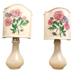 Vintage Pair of Murano Glass Table Lamps by Gino Cenedese with Floral Lampshades