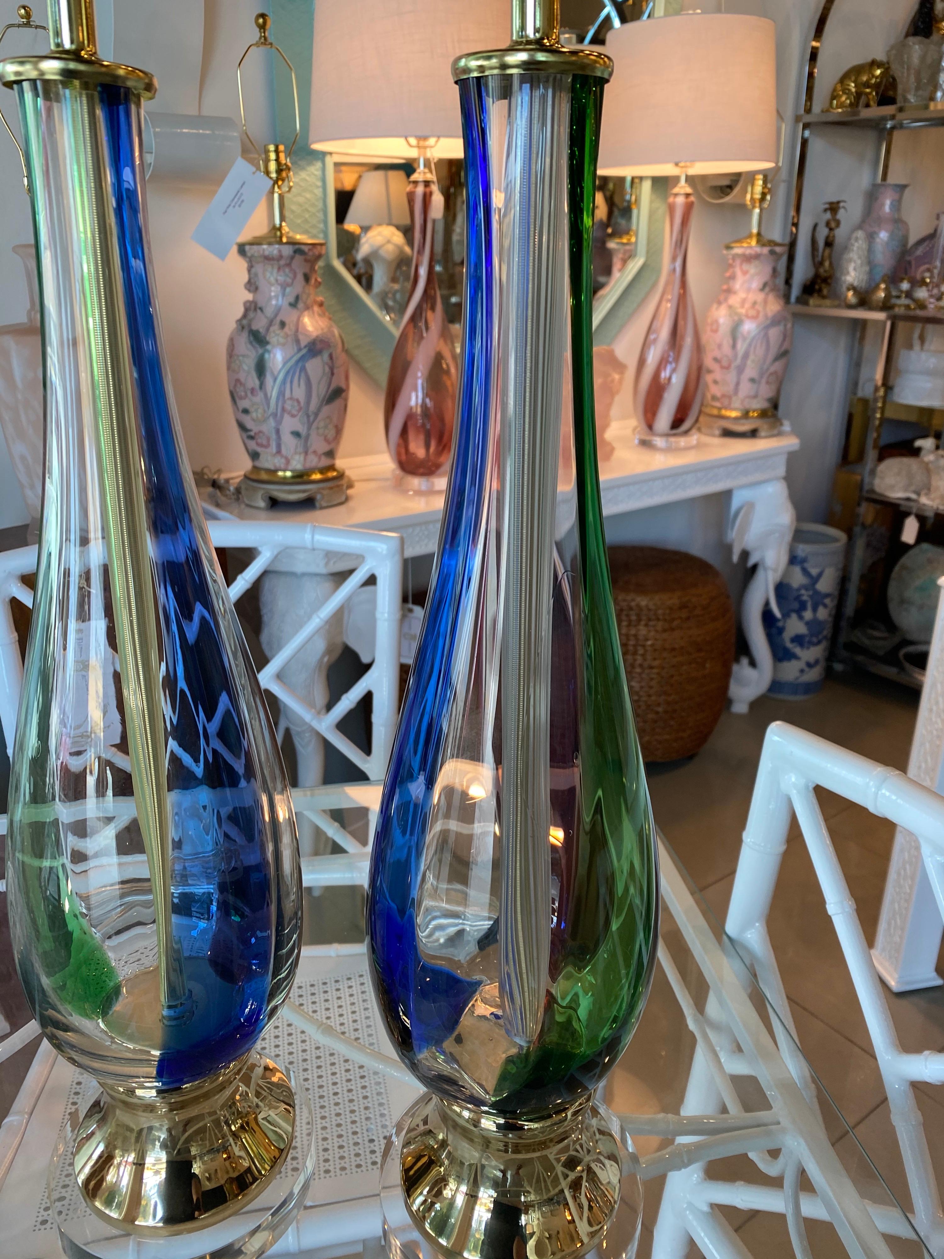 Vintage Pair of Murano Glass Table Lamps Fully Restored Brass Lucite 6