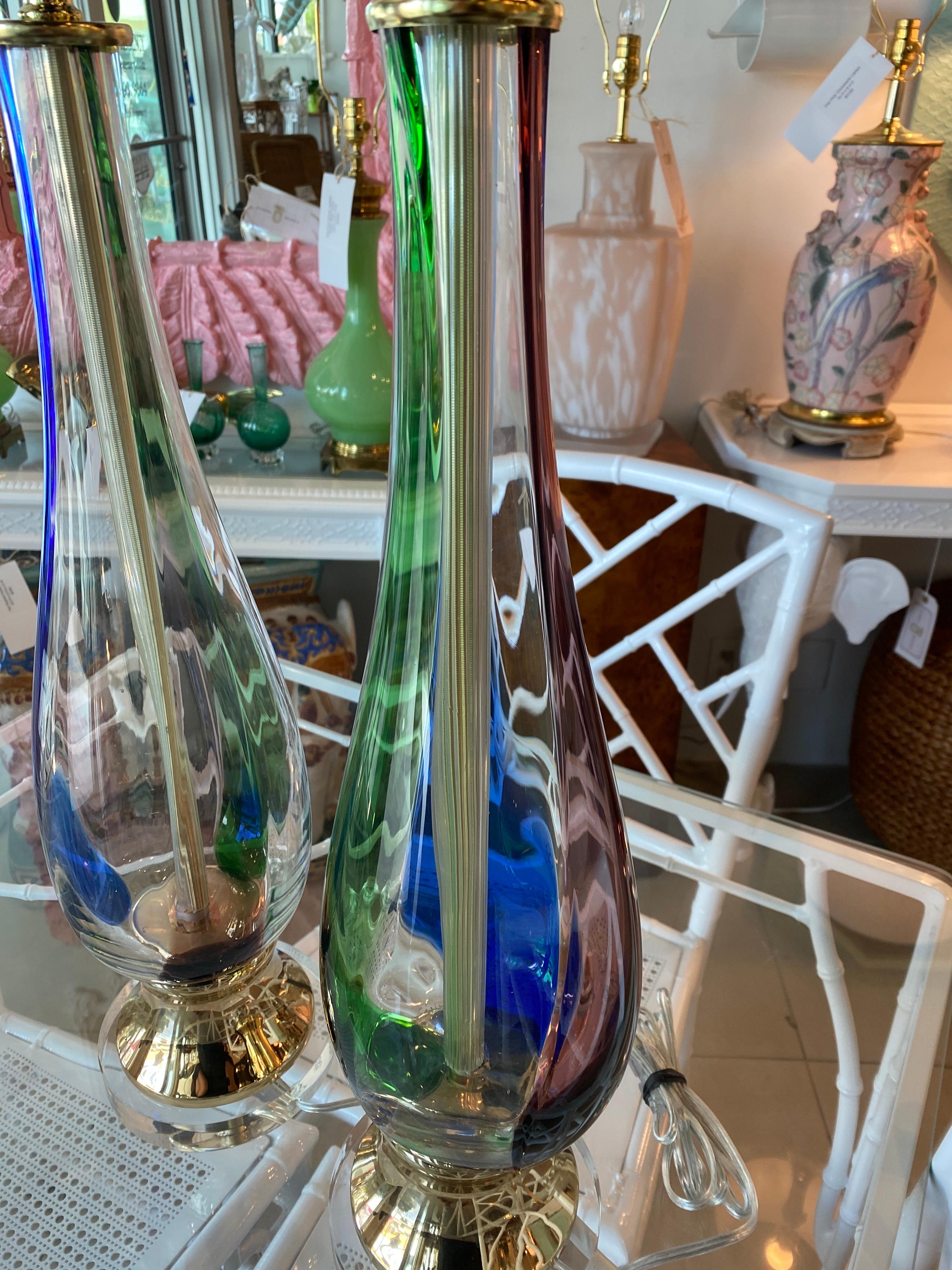 Vintage Pair of Murano Glass Table Lamps Fully Restored Brass Lucite 7